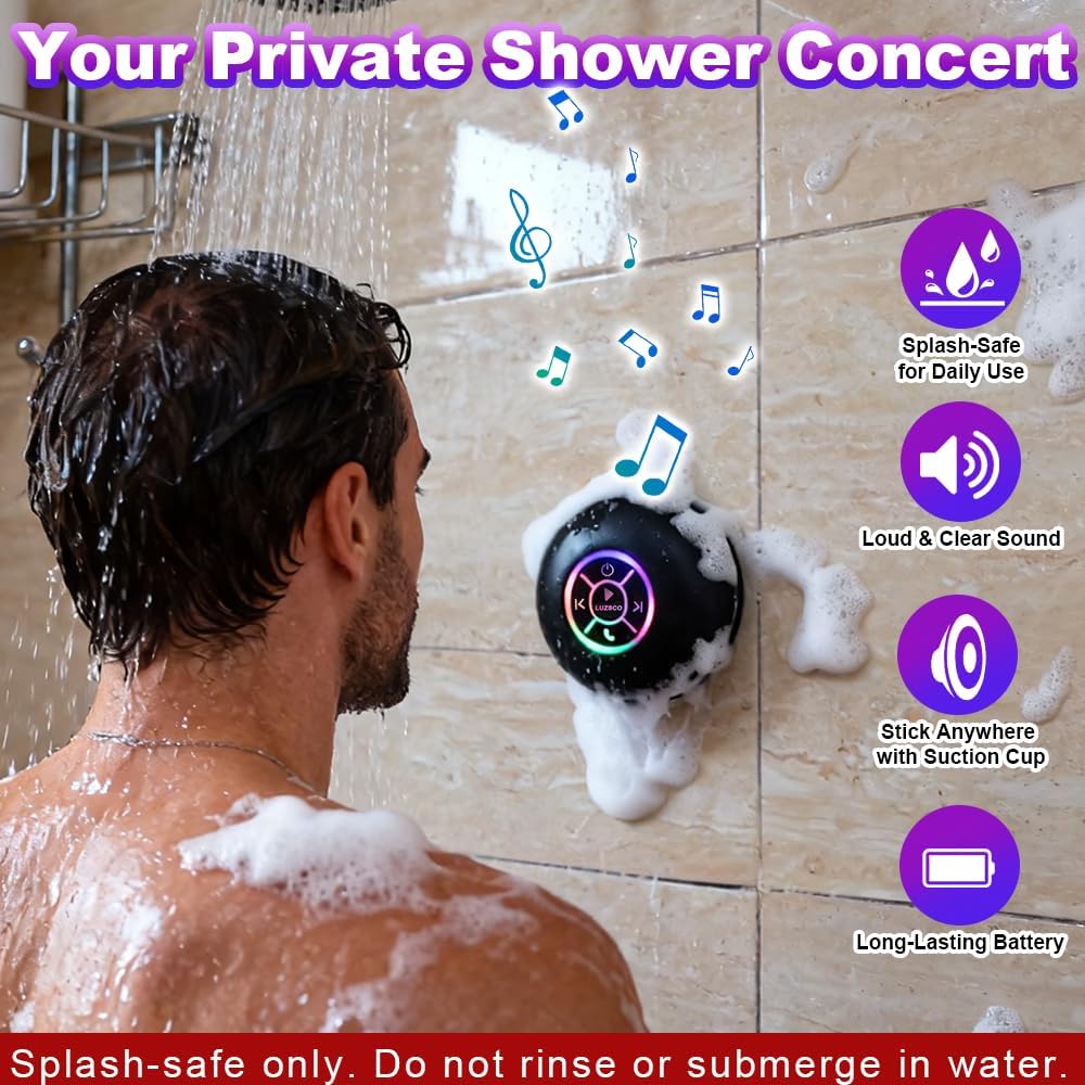 Luzsco IPX4 Bluetooth Shower Speaker with LED Portable Wireless Mini Speaker with Mic & Suction Cup, Water Resistant