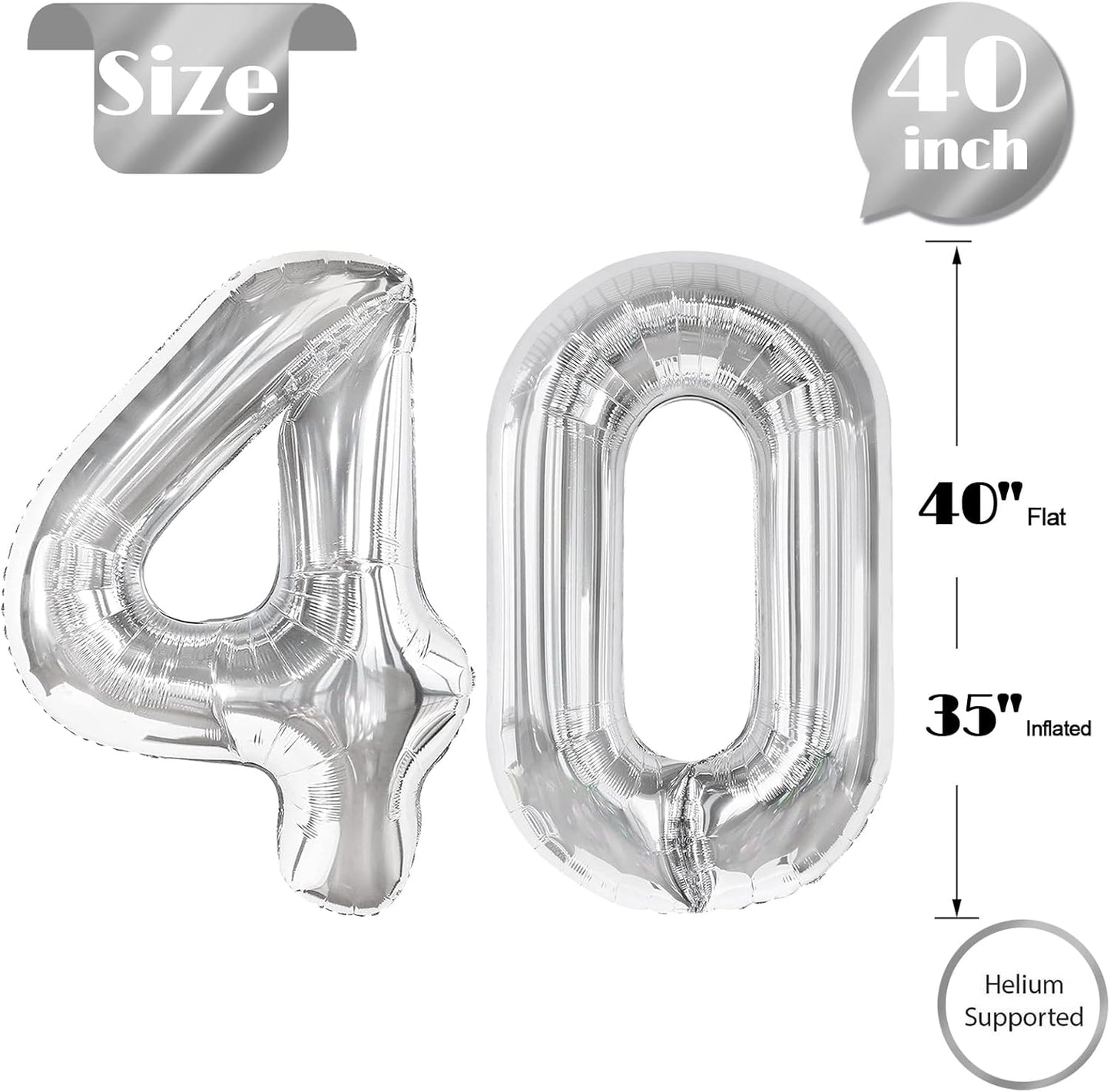 Silver Number 40 Balloon - 40 Inch Giant Foil Decoration for 40th Birthday Party Supplies
