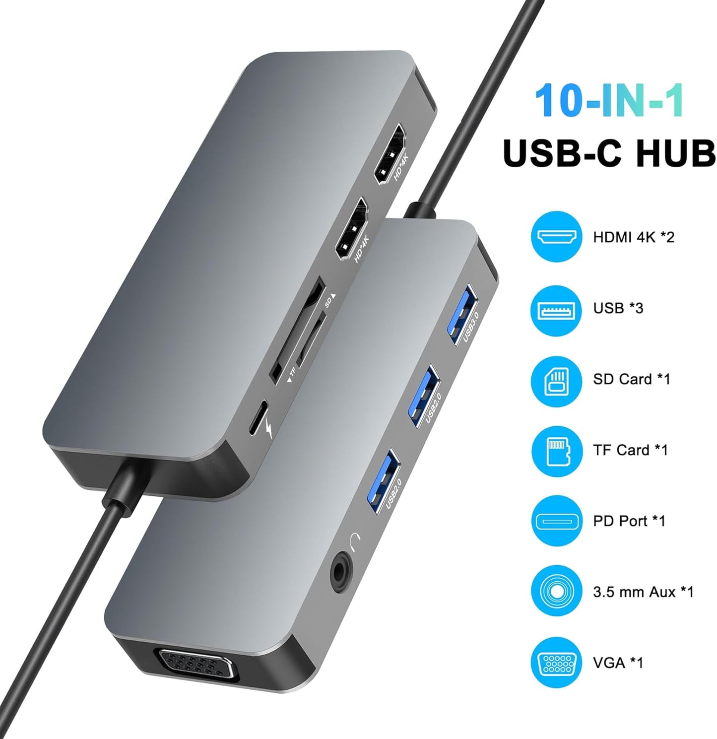 Aibilangose 10 1 HDMI/VGA/PD/USB/SD/TF/3.5mm Docking Station Dual Monitor, USB C to Dual HDMI Adapter, Computer Docking