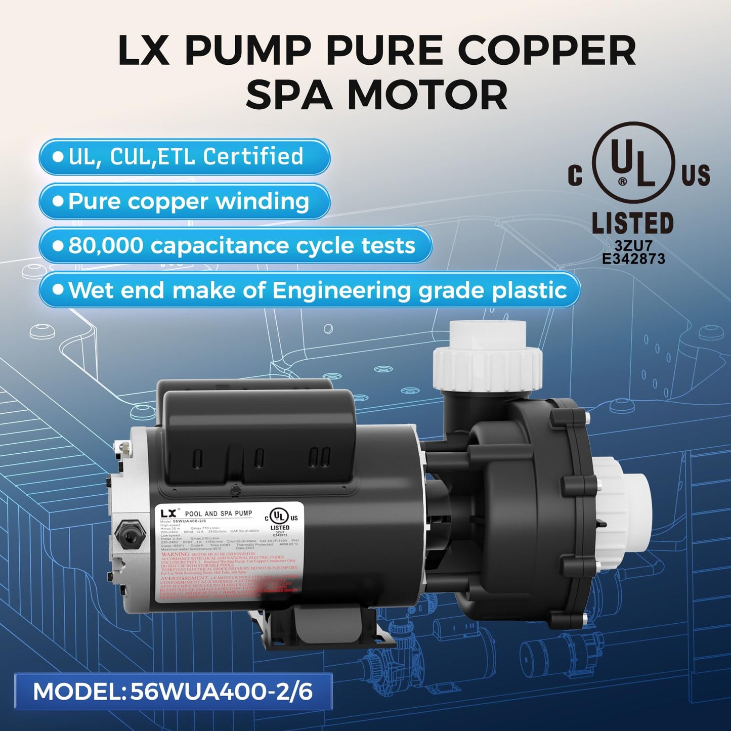 LINGXIAO 2 Speed SPA Pump 4HP Hot Tub Pump 220-240V, 2 Speed, 2" Port, 56 Frame LX Pump Energy Efficiency SPA Motors (Model: 56WUA400-2/6)