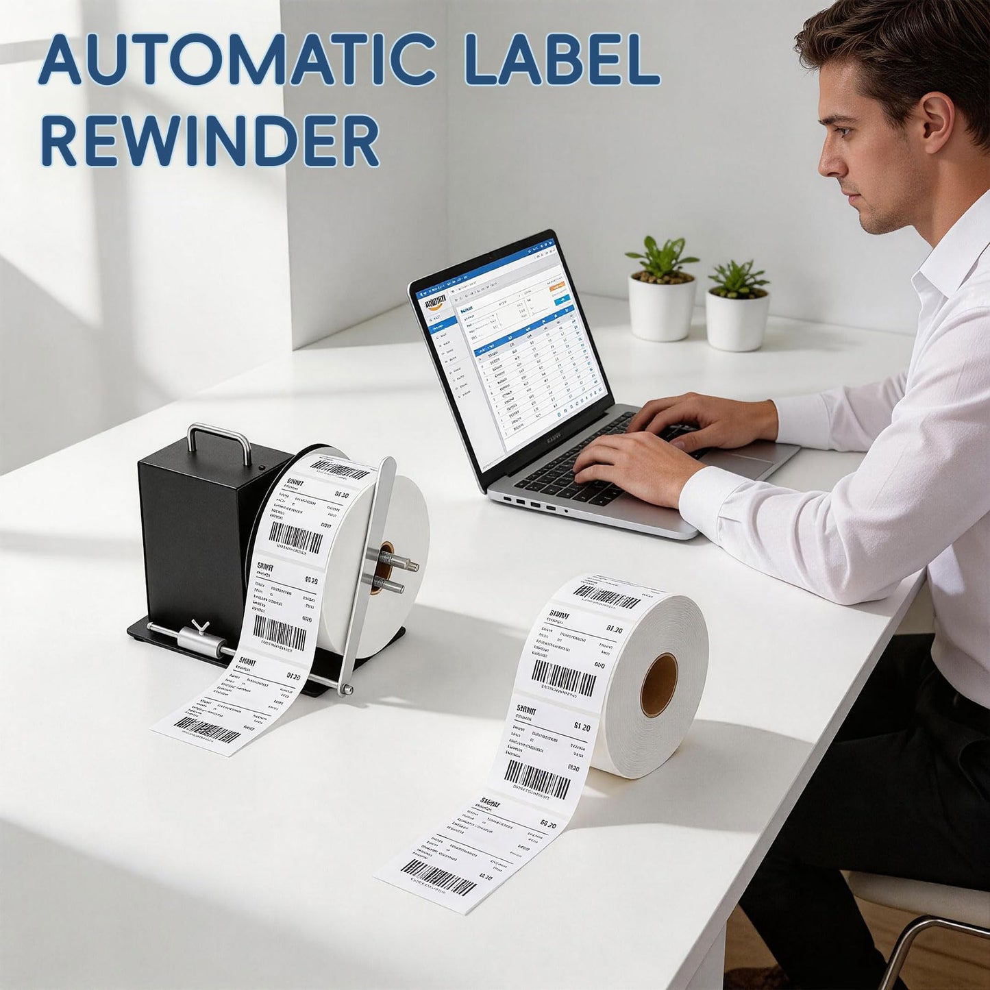 Automatic Label Rewinder Machine, Label Rewinder for 1"/1.5"/3" Core, Adjustable Speed Sync with Printer, Max Label Diameter 7.28" Width 4.72" and 2 Way Winding Direction
