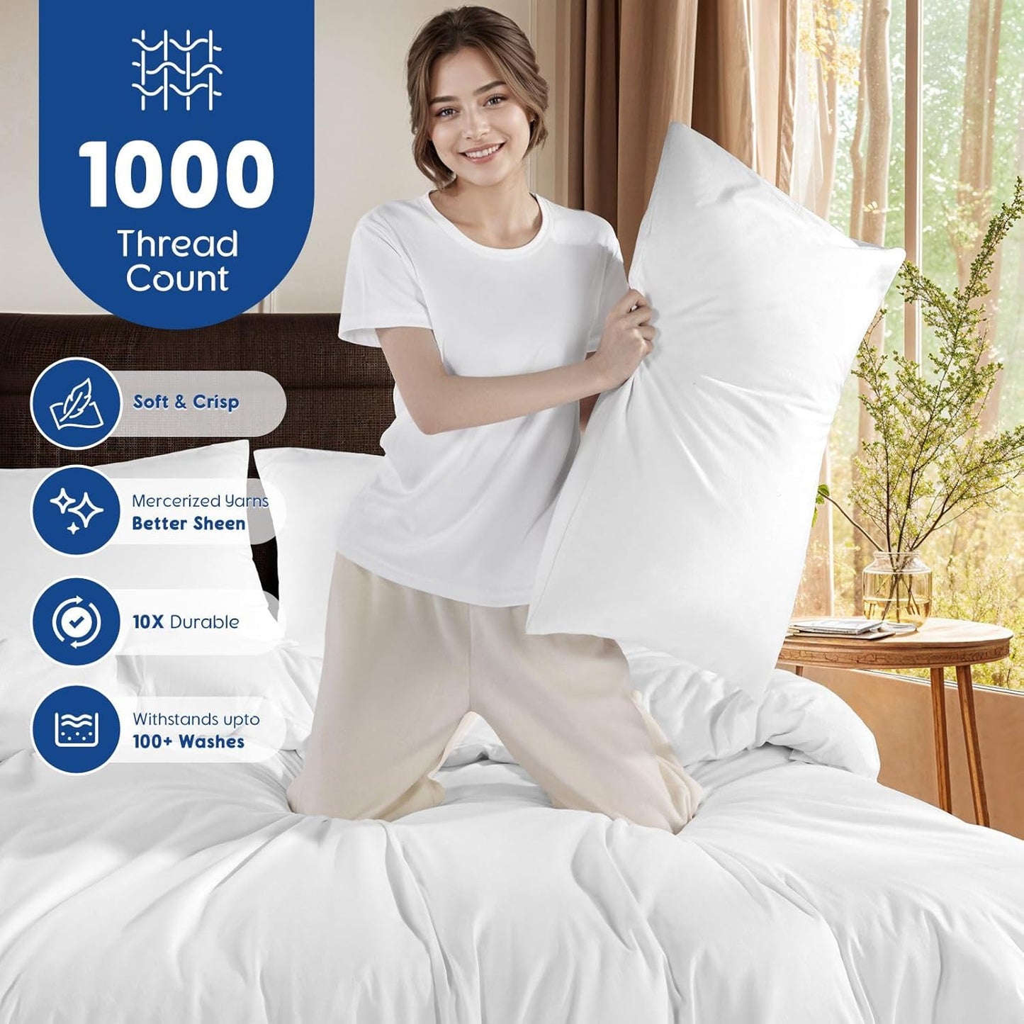 SONORO KATE 100% Egyptian Cotton Duvet Cover - Soft & Breathable 1000 Thread Count | Queen Size, White - 3 PC Set