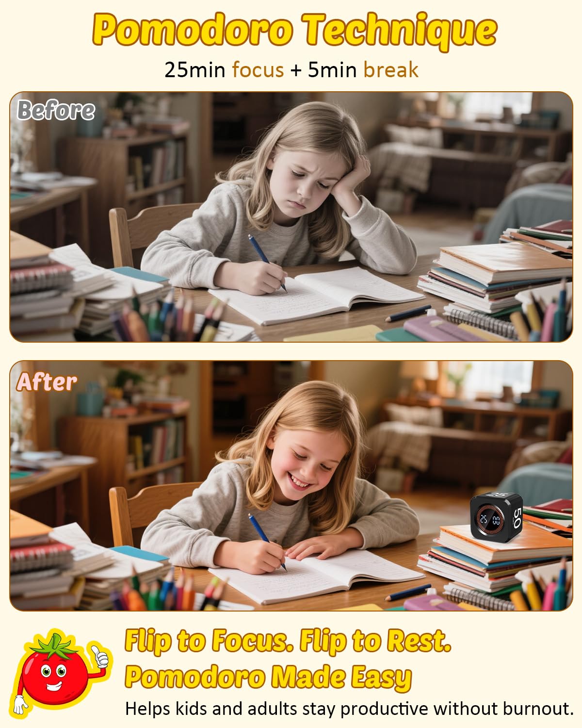 COWVTUJ Digital Pomodoro Timer Cube 5/10/25/50min, Visual Productivity Flip Timer for Kids Classroom Desk, Custom Countdown, Silent and Sound Mode for ADHD Study Work Game Kitchen (Black)