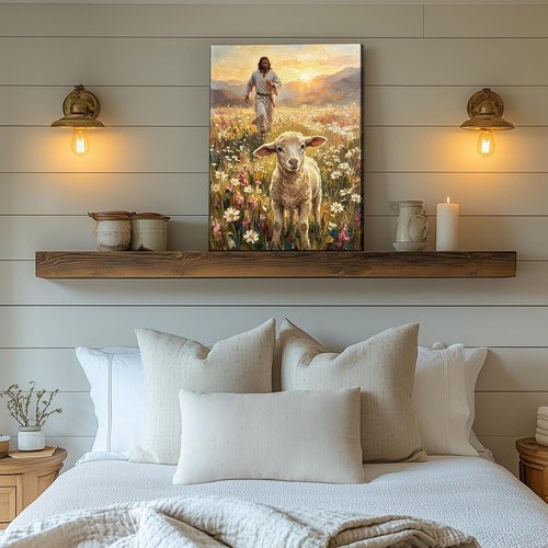 Jesus and Lamb Canvas Wall Art - Inspirational Christian Decor for Living Room | 12x16in Framed Print