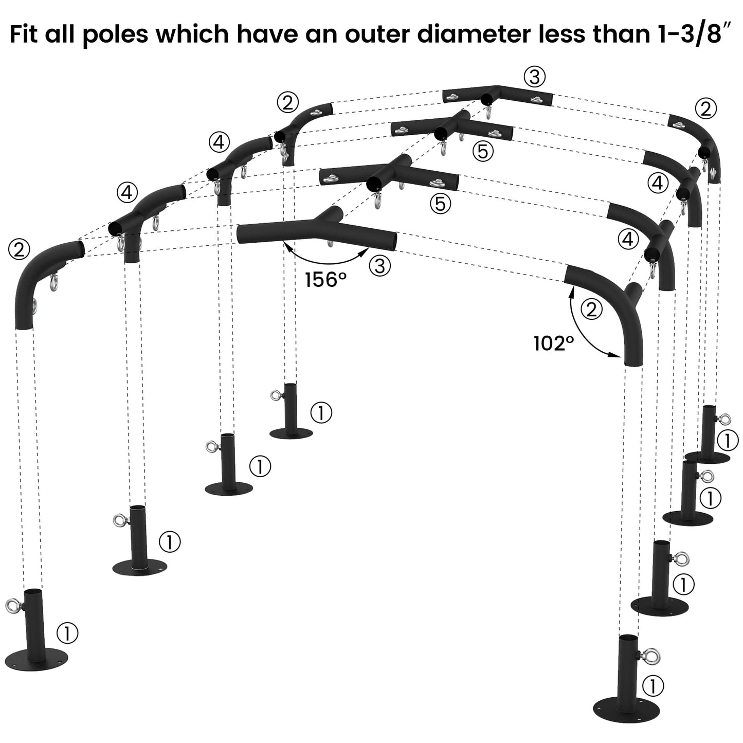 Neorexon 1 3/8'' Canopy Fittings for 8 Leg Carport Frame Parts, Black Canopy Pipe Fittings with Eye Bolts, Carport Frame Kit Low Peak Connectors with 156 Degree Angle(20Pcs)