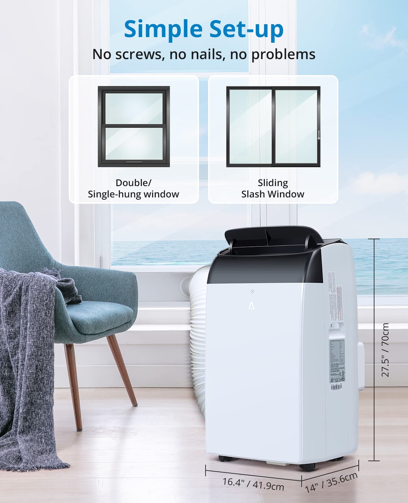 12000 BTU Portable Air Conditioner, Cools up to 550 sq.ft, 3-in-1 AC Unit with Cooling, Dehumidifier & Fan, Quiet Portable AC with Remote Control, 24H Timer, Sleep Mode, Easy Installation, White