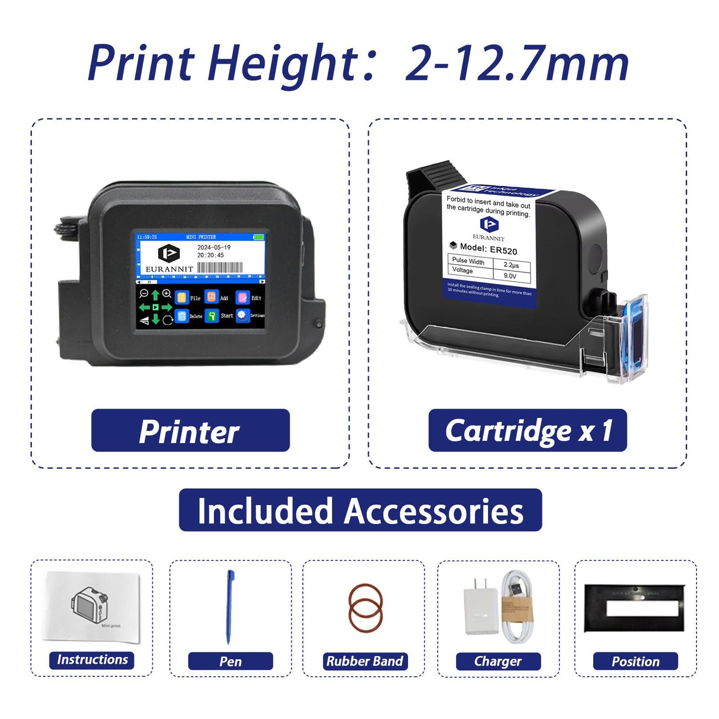 Eurannit XMINI Handheld Inkjet Printer, Portable Mini Inkjet Coding Machine 0.5 inch Nozzle with ER520 Fast Drying Ink Cartridge, for Text Date Barcode Batch Number Image Logo on Any Surface