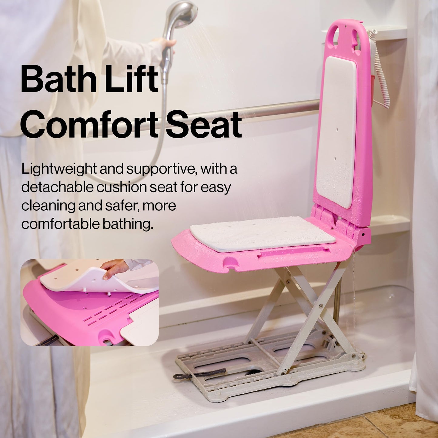 SuperHandy Portable Floor & Bath Lift - EVA Cushion, 26V 51.8Wh Battery, Lightweight 19 lbs, Foldable, 330 lb Capacity, IP68 Waterproof Lift for Seniors, Ergonomic Seat with Removable Panels (Pink)