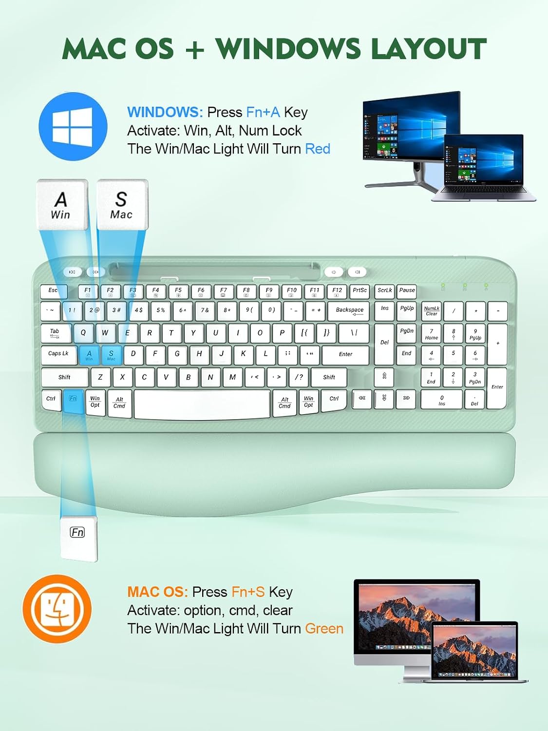 EAYBLLY 2.4GHz Ergonomic Wireless Keyboard with Cushioned Wrist Rest, Wave Keys, Phone Holder, Comfortable Natural