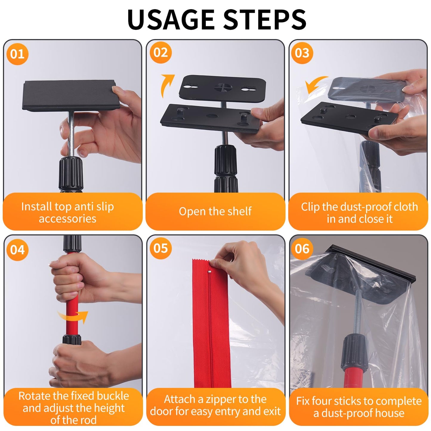 10FT Dust Barrier Poles Kit with Plastic Sheeting (32.8x13.1FT), 2 Heavy-Duty Zippers & Gloves – Telescoping Poles for Temporary Dust Barrier System, Home Renovation & Construction (4PCS)