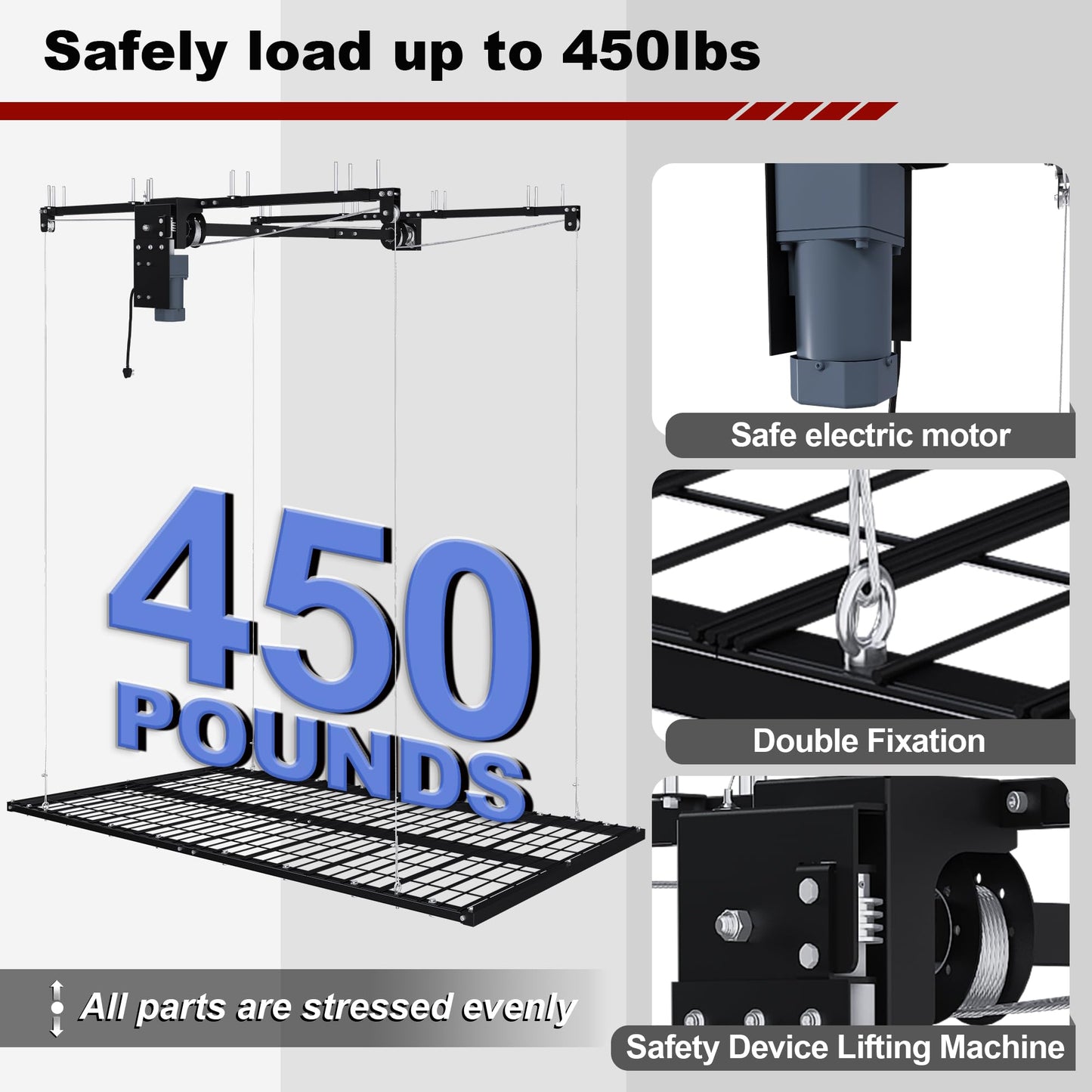 Electric Overhead Garage Storage Lift 4x8 FT, Remote Controlled Ceiling Storage Rack for 10-12 ft High Ceilings, Heavy Duty Steel Garage Organizer Storage System, 450LBS Capacity with Safety Lock