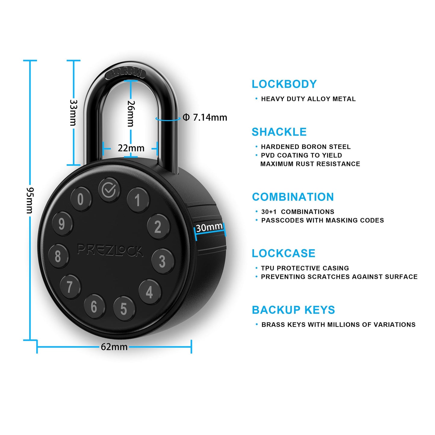 Prezlock, Electronic Combination Padlock with Key Backup, Suitable for Outdoor and Heavy Duty uses, Water Resistant, IP65 Weatherproof.