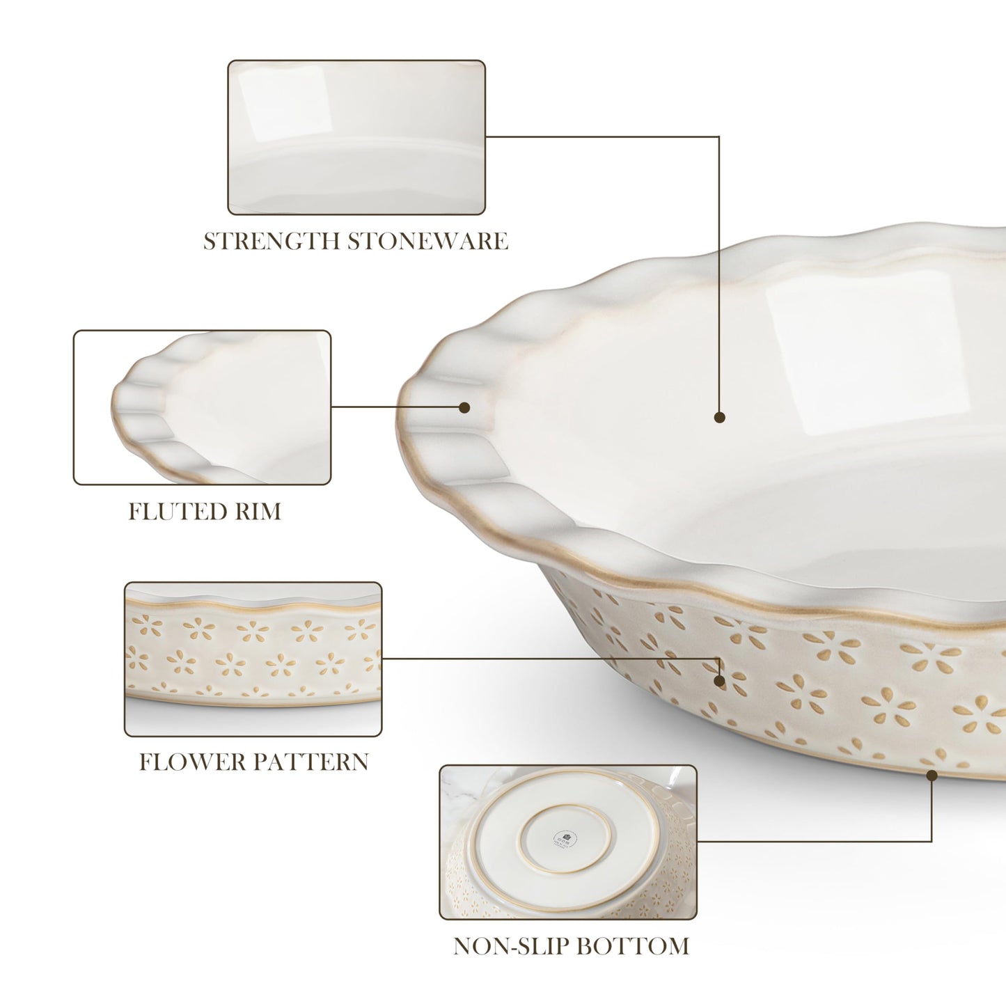 MALACASA Pie Pan, Stoneware Pie Dish for Baking, 45 OZ Deep Dish Pie Pans 9 Inch, Embossed Quiche Baking Dish for Oven, Fluted Dish Pie Plate for Apple Pie, Pot Pie and Quiche, Set of 1, Series LYDIA