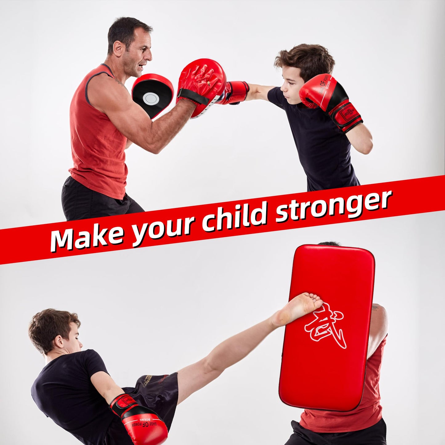 4-in-1 Kids Boxing Pads Gloves Kick Punching Mitts Set, Leather Hand Target Focus Pads, MMA Muay Thai Pads for Kicking Taekwondo Karate Kickboxing, Youth Boxing Training Sparring Gear Equipment