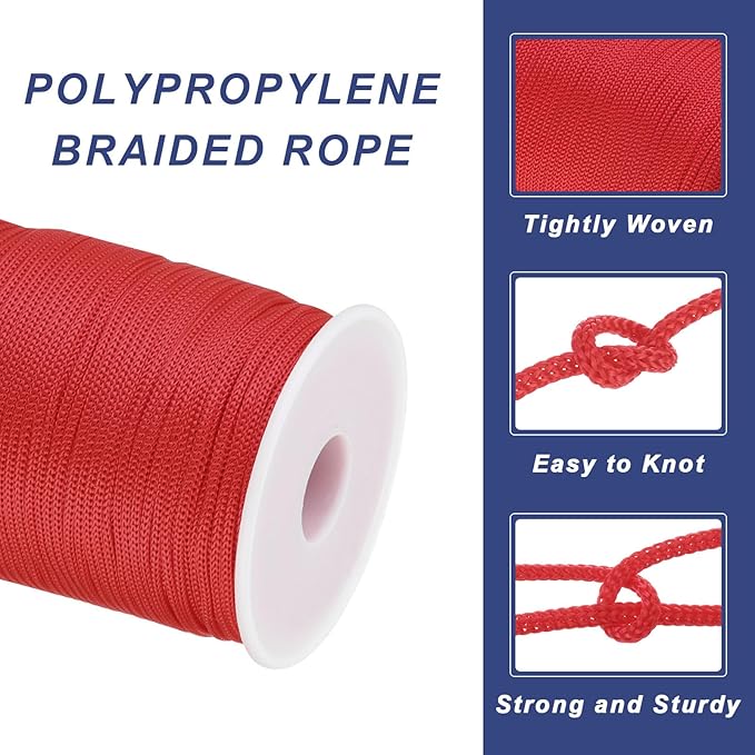 MECCANIXITY 1/12 Inch Polypropylene Rope Braided Ropes, 328ft Nylon Rope Hollow Utility Cord for Clothesline, Camping, Hiking, Outdoor, Red