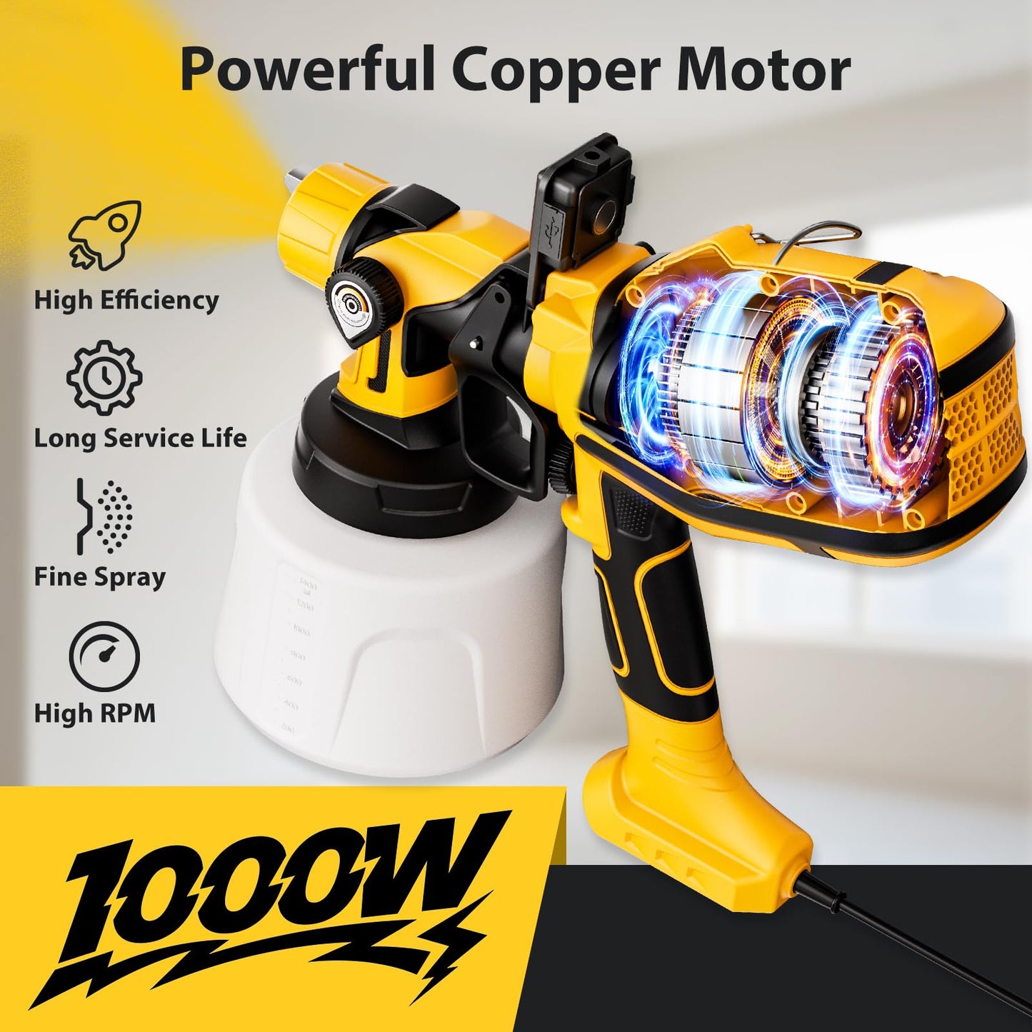 Paint Sprayer for House Painting, Paint Sprayer with Easy to Clean Design, 1400ml (47oz) Container, 6 Brass Nozzles & LED Light, 3 Spray Patterns for House, Fence, Furniture, DIY, Garden, Walls