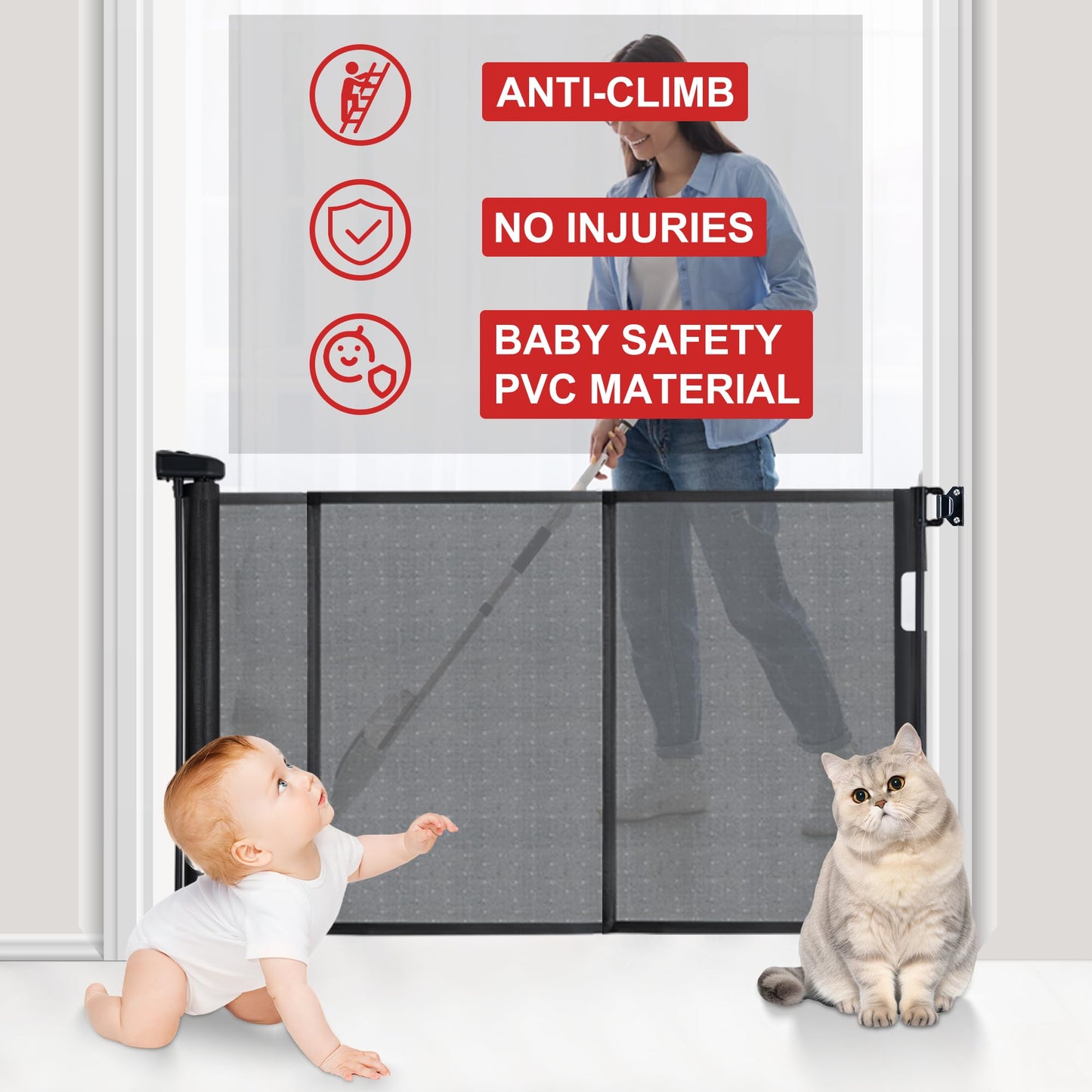 Colbabe 200 inches Extra Wide Retractable Baby Gate, 41.5 inches Tall Mesh Safety Gate for Oversized Openings, Living Rooms, Patios, Child & Pet Barrier for Indoor Outdoor Use, Black