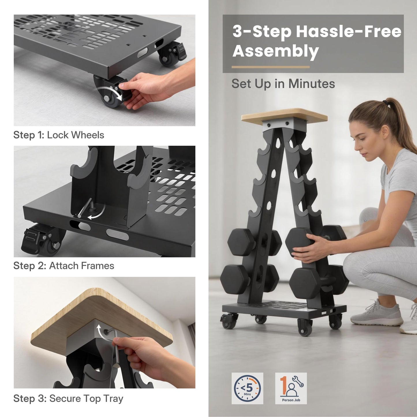 Vertical Dumbbell Rack Stand with Wheels, 5-Tier A-Frame Mobile Weight Storage for Dumbbells, 300LBS Capacity Professional Solid Steel with Training Assist Platform & Bottom Tray, Perfect for Home Gym Fitness Organization (Rack Only)