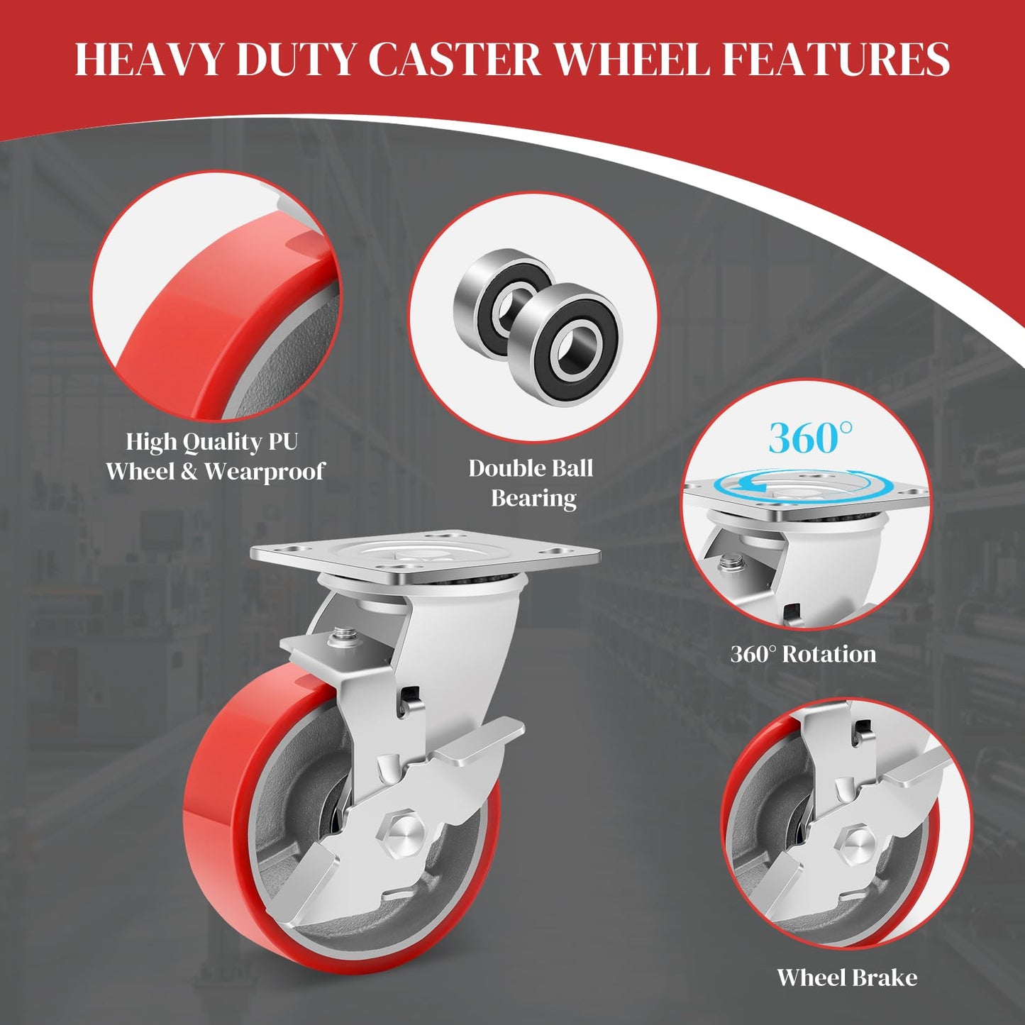 W B D WEIBIDA 5 Inch Industrial Casters, Heavy Duty Casters 4000 LBS, Low Noise Polyurethane Wheels on Steel Hub Swivel Plate Caster Wheels Shelving, Gantry Crane, Platform Truck(4 Brake)