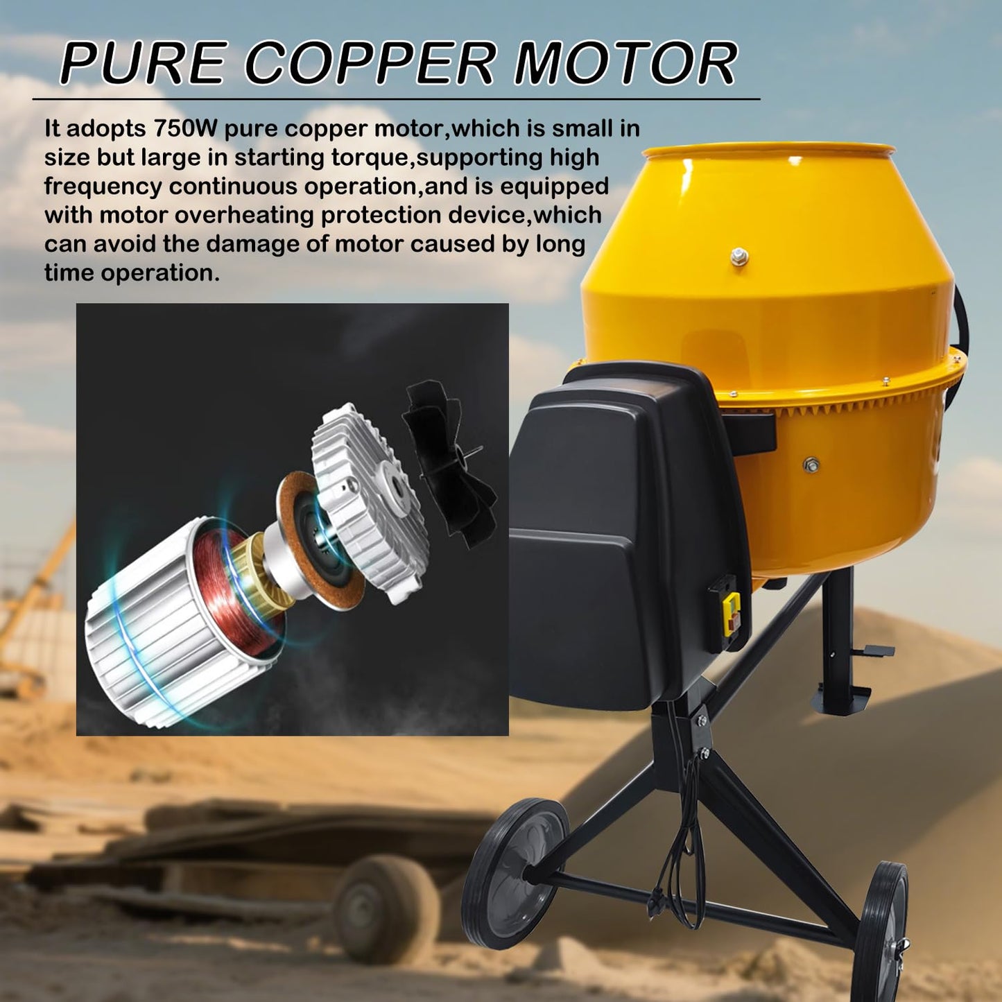 HayWHNKN 8.48 Cu.Ft Electric Concrete Mixer 360° Rotation Portable Concrete Cement Mixer with Wheels 1000W Steel Drum
