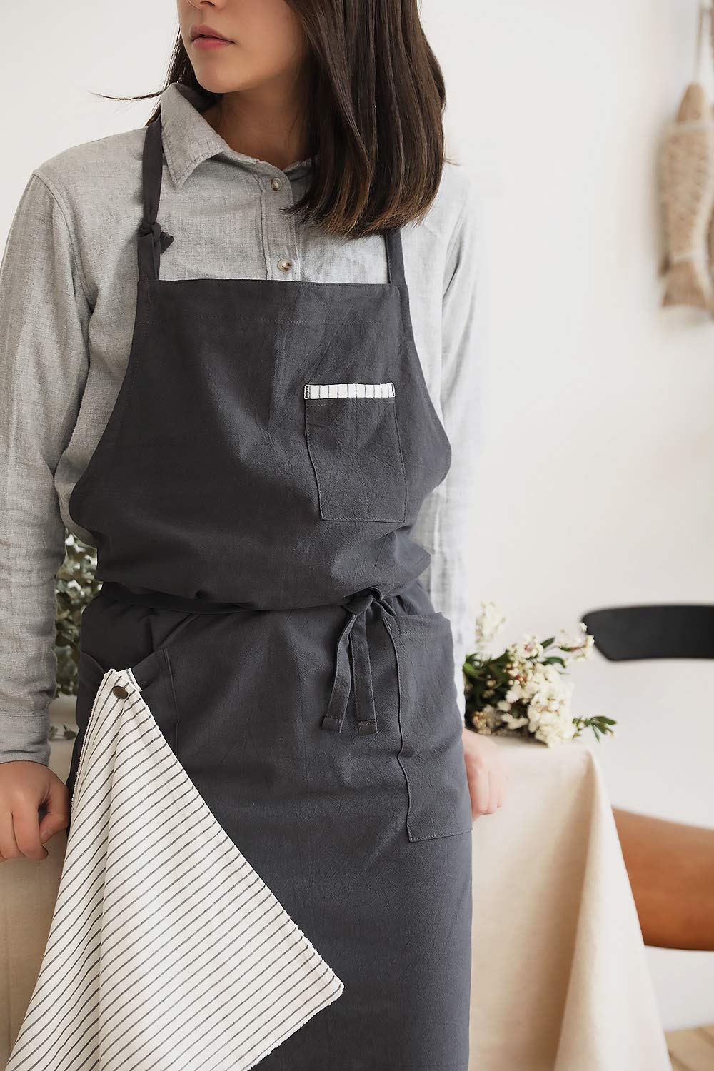 AOBBYBBS Adjustable Japan Nordic Style Soft Cotton Linen Apron with Four Pockets A Towel (Dark gray)