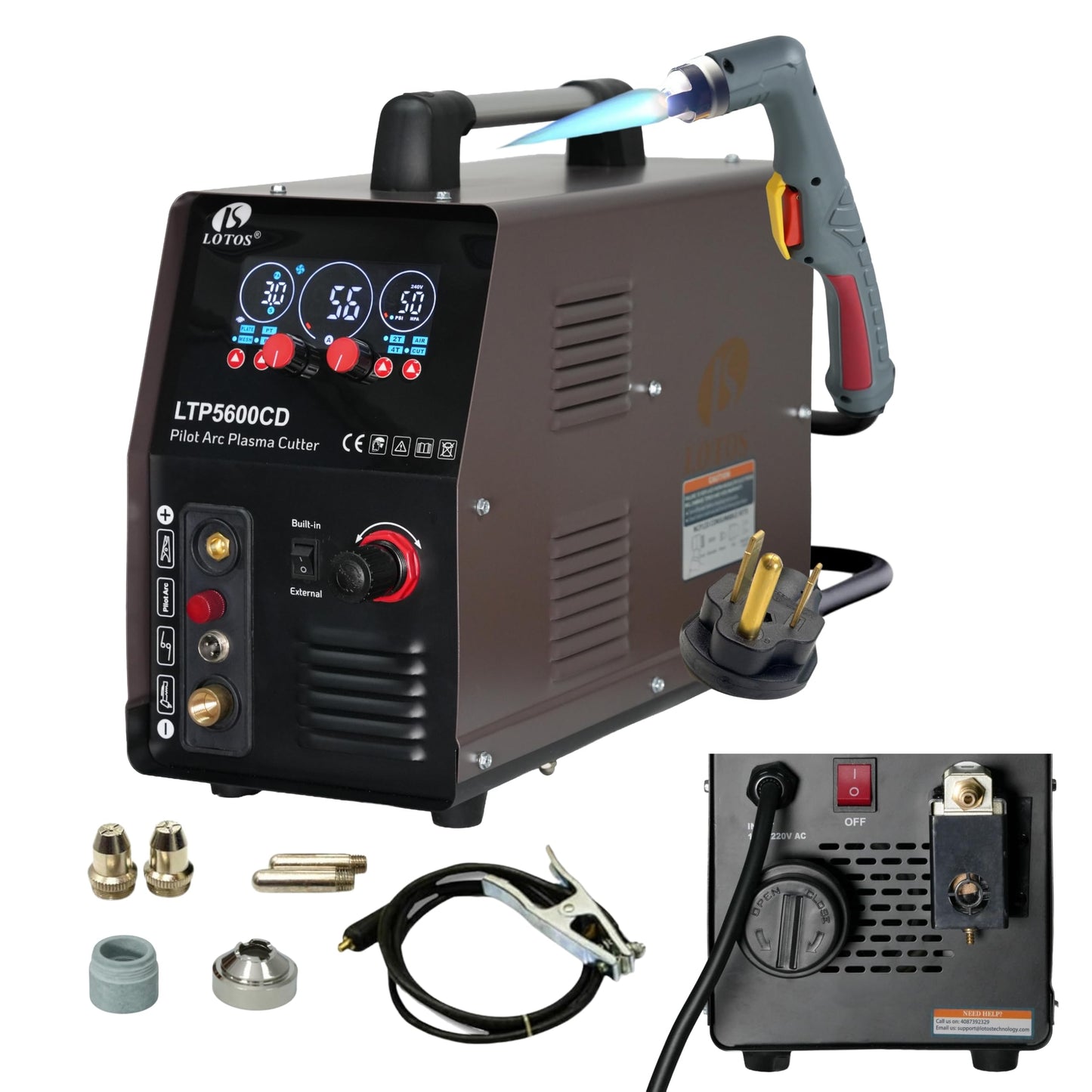 LOTOS Apex LTP5600CD Plasma Cutter with Built-In Air Compressor, 56A, 5/8" Clean (3/4" Sever), Drag-Cut Ready, Non-Touch Pilot Arc, App-Style LED Panel, Upgraded Torch, 1/2" Max with Internal Air