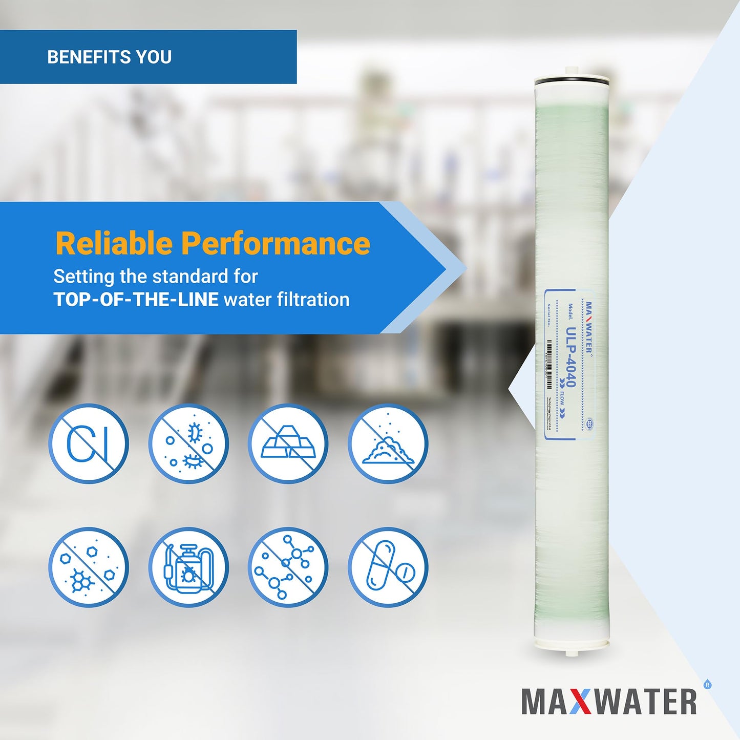 Max Water ULP-4040 Reverse Osmosis 4" x 40" RO Membrane, 2600 GPD For Water Purification Desalination Commercial, Industrial, Agricultural