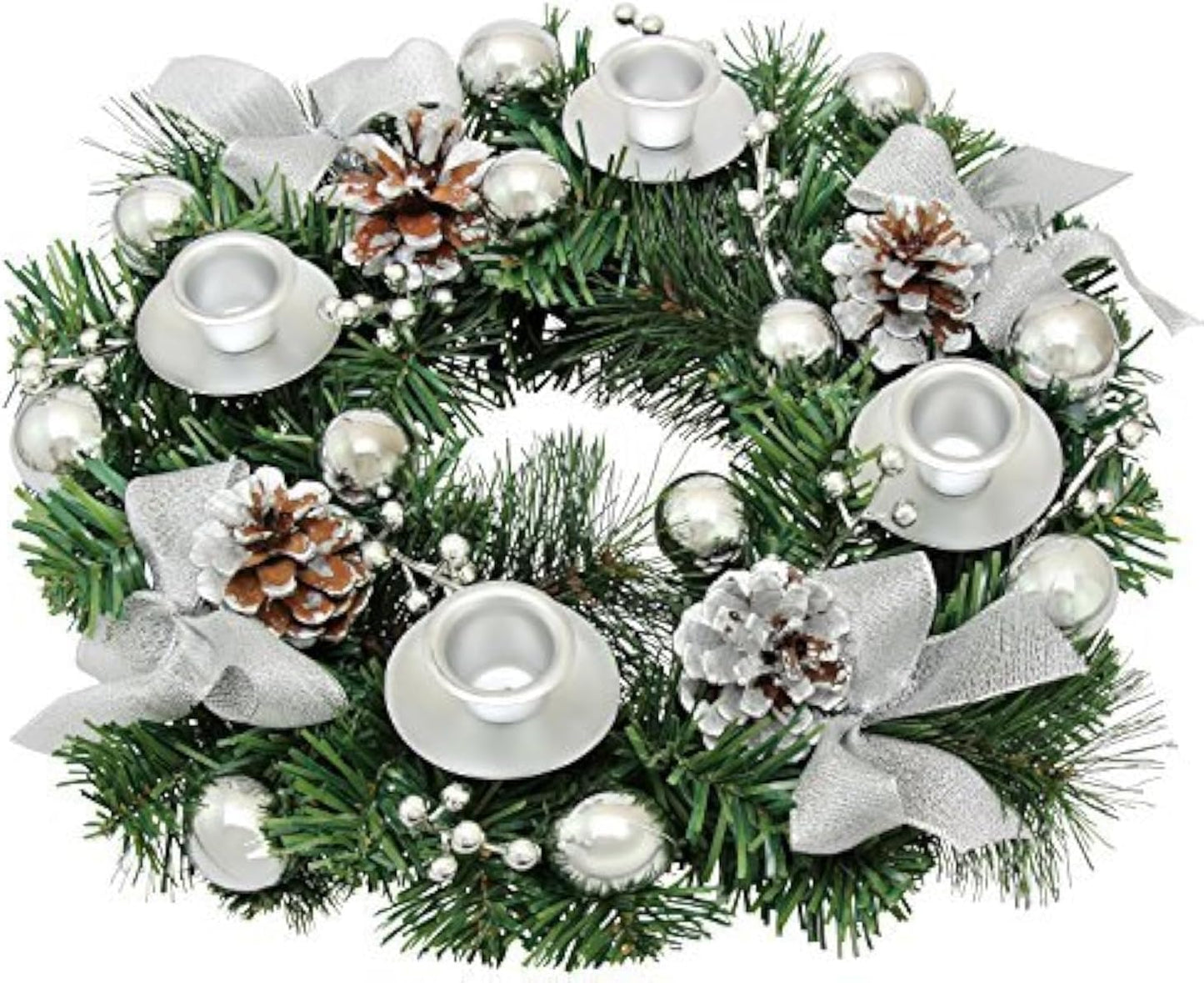 Silver Ribbon Advent Wreath - Festive Centerpiece Décor with Candle Holder & Christmas Candles