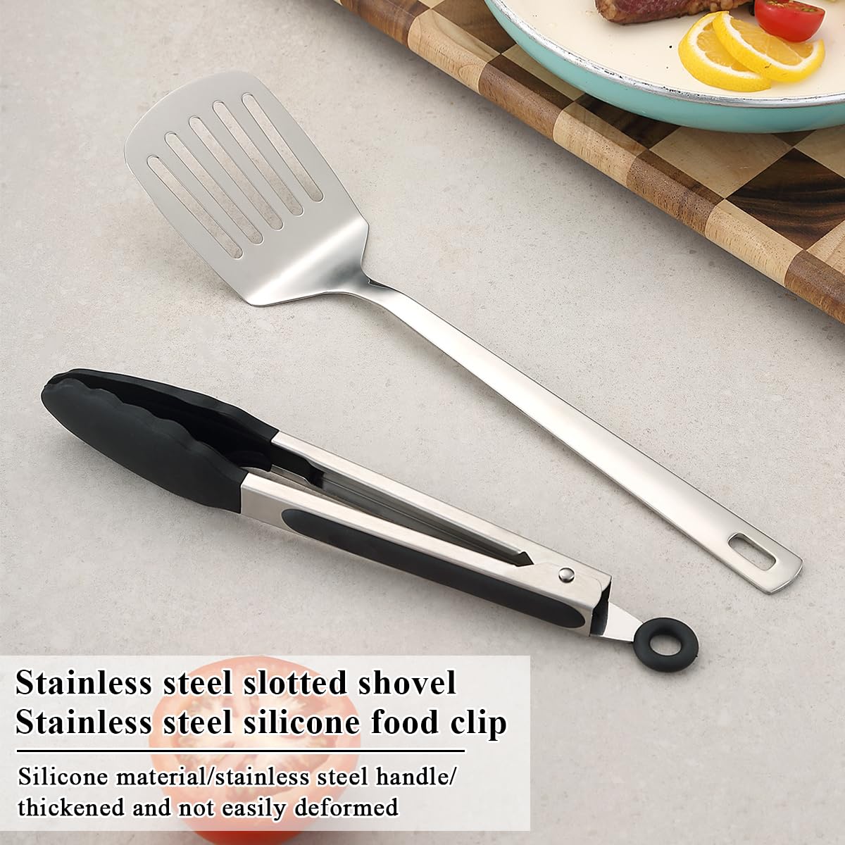 Spatulas And Kitchen Tong Set Of 2, Kyraton Spatula And Cooking Tongs, Stainless Steel Kitchen Utensils Set For Home, Restaurant, Camping, BBQ