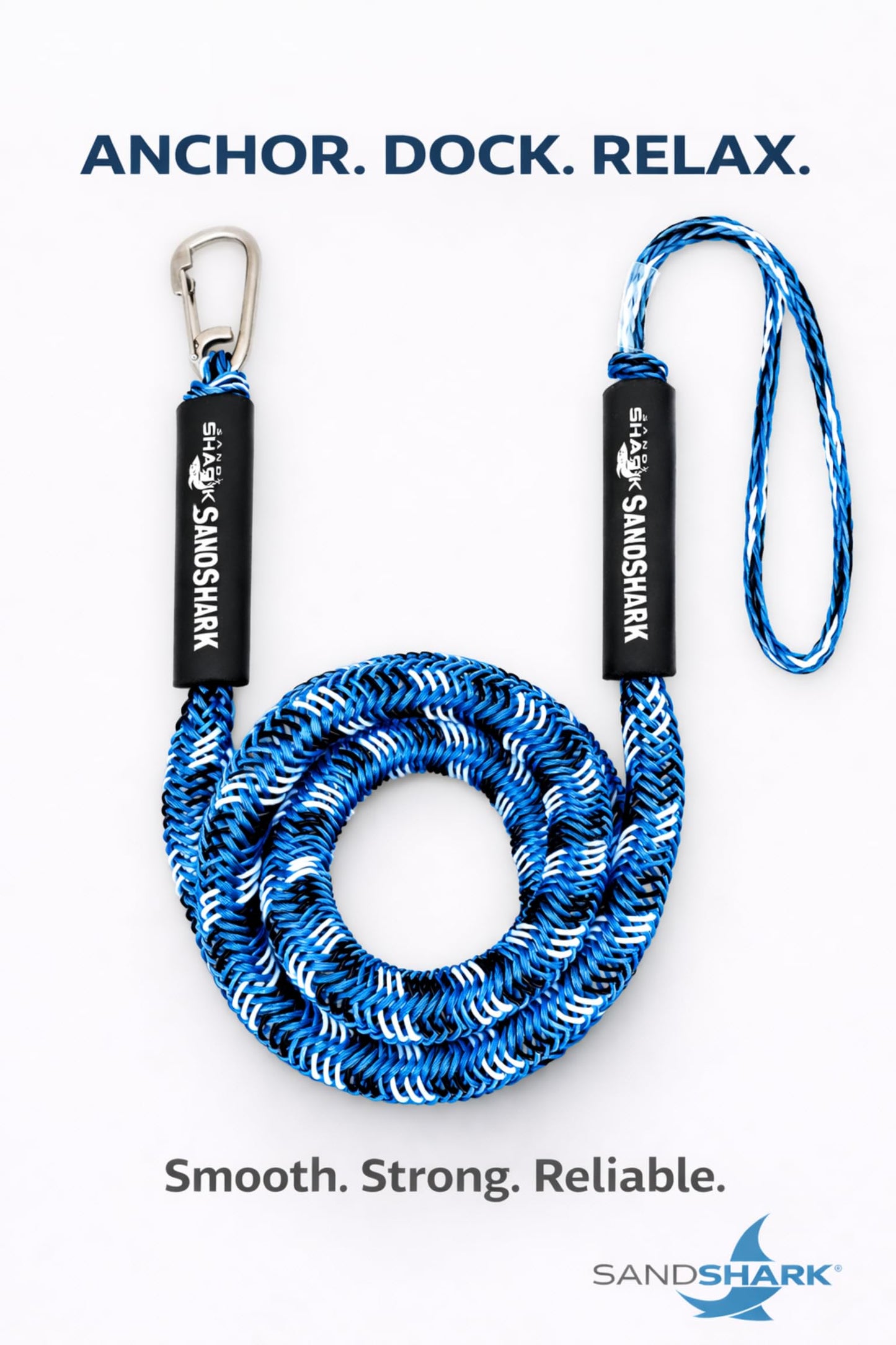 SandShark Premium Anchor Bungee Dock Line. Boat Accessories Anchor Line Absorbs Shock to Anchors and Docks w/Stainless Steel Clip - Blue - 7-14ft