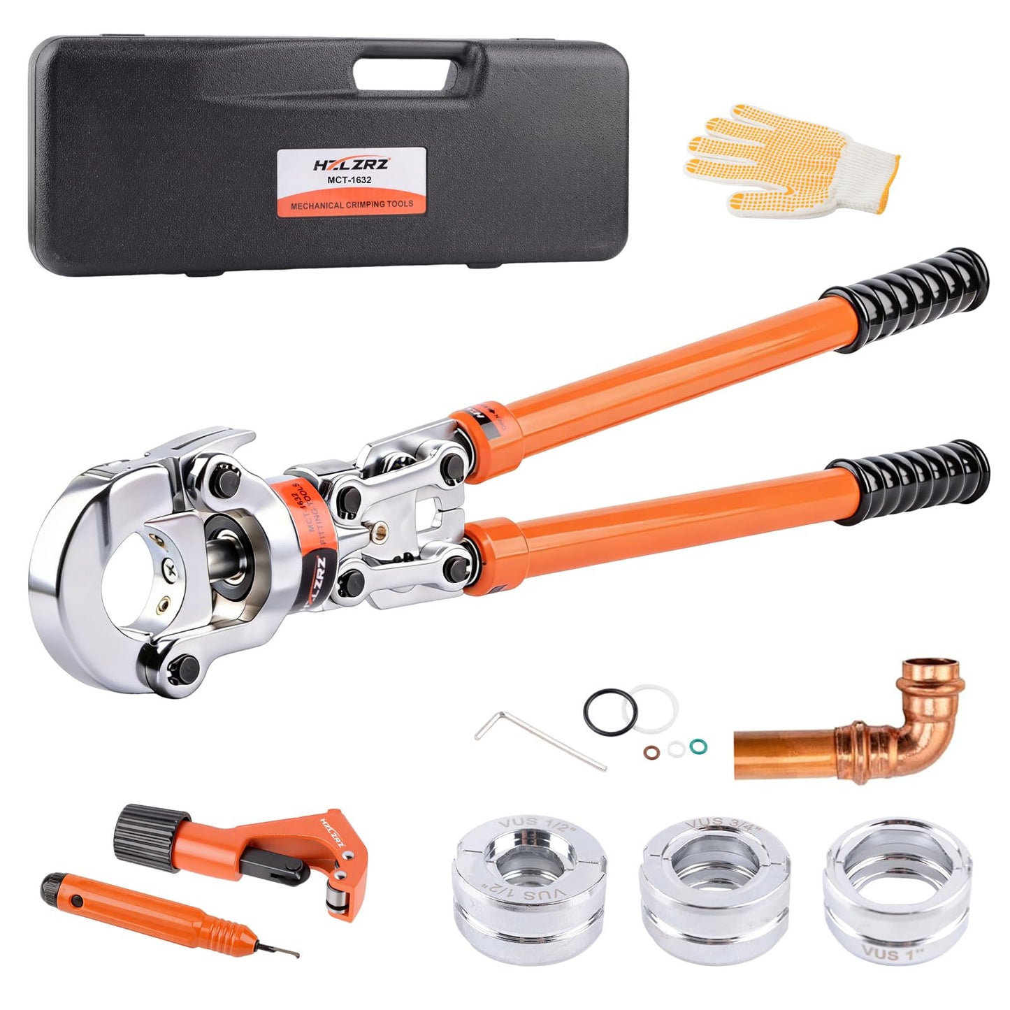 HZLZRZ Copper Pipe Crimping Tool Kit, 3 Die Set for 1/2" 3/4" 1" Pipes, Pro Press Style Crimper with Pipe Cutter, Handheld Pipe Crimper Tool for Plumbing (MCT-1632)