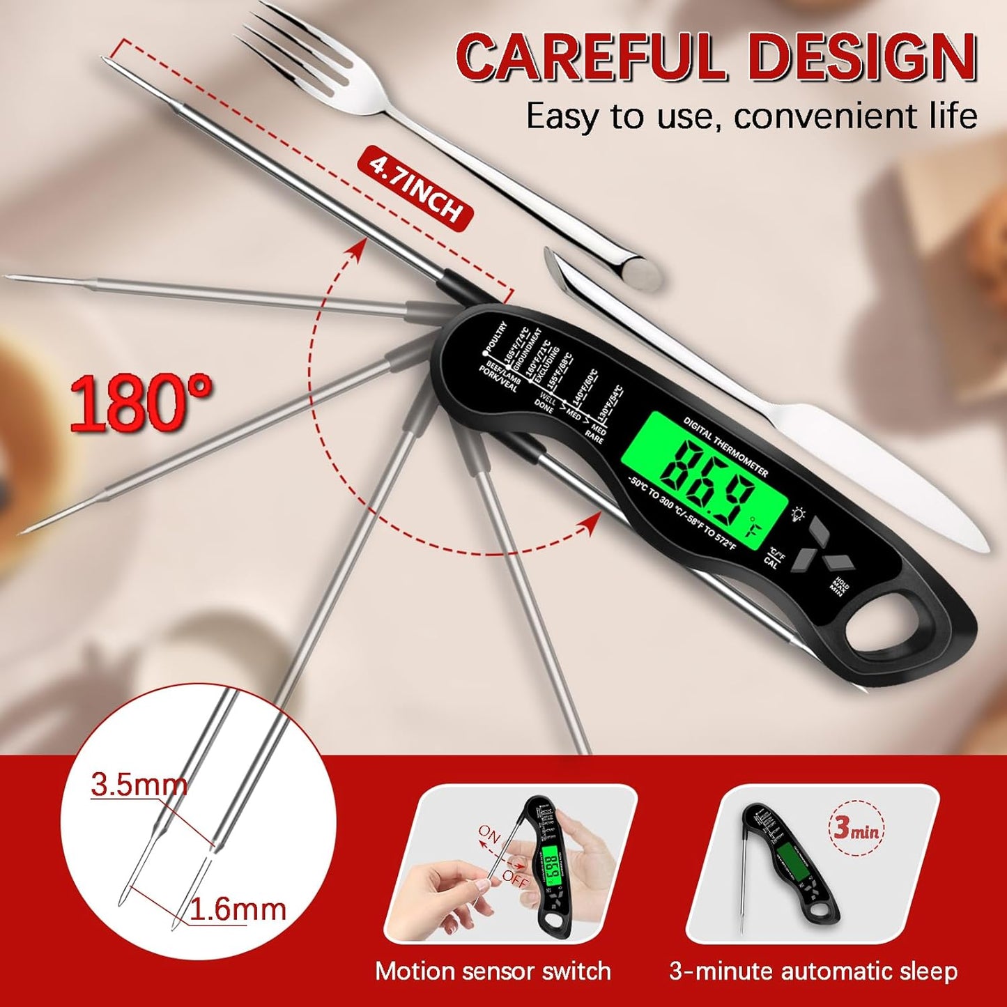 Skiennix Digital Meat Thermometer - IP67 Waterproof Cooking Thermometer with Backlight & Calibration