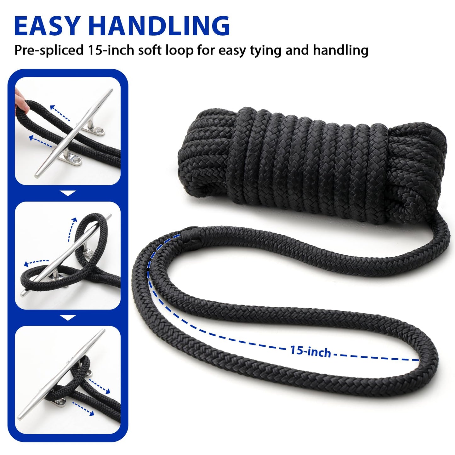 Boat Dock Lines Marine Rope - 5/8" x 15ft with Pre-Spliced 15" Loop Double Braided Nylon Ropes Bumper Tie Mooring Line for Boats Docking Pontoon Boating Accessories - 4 Pack