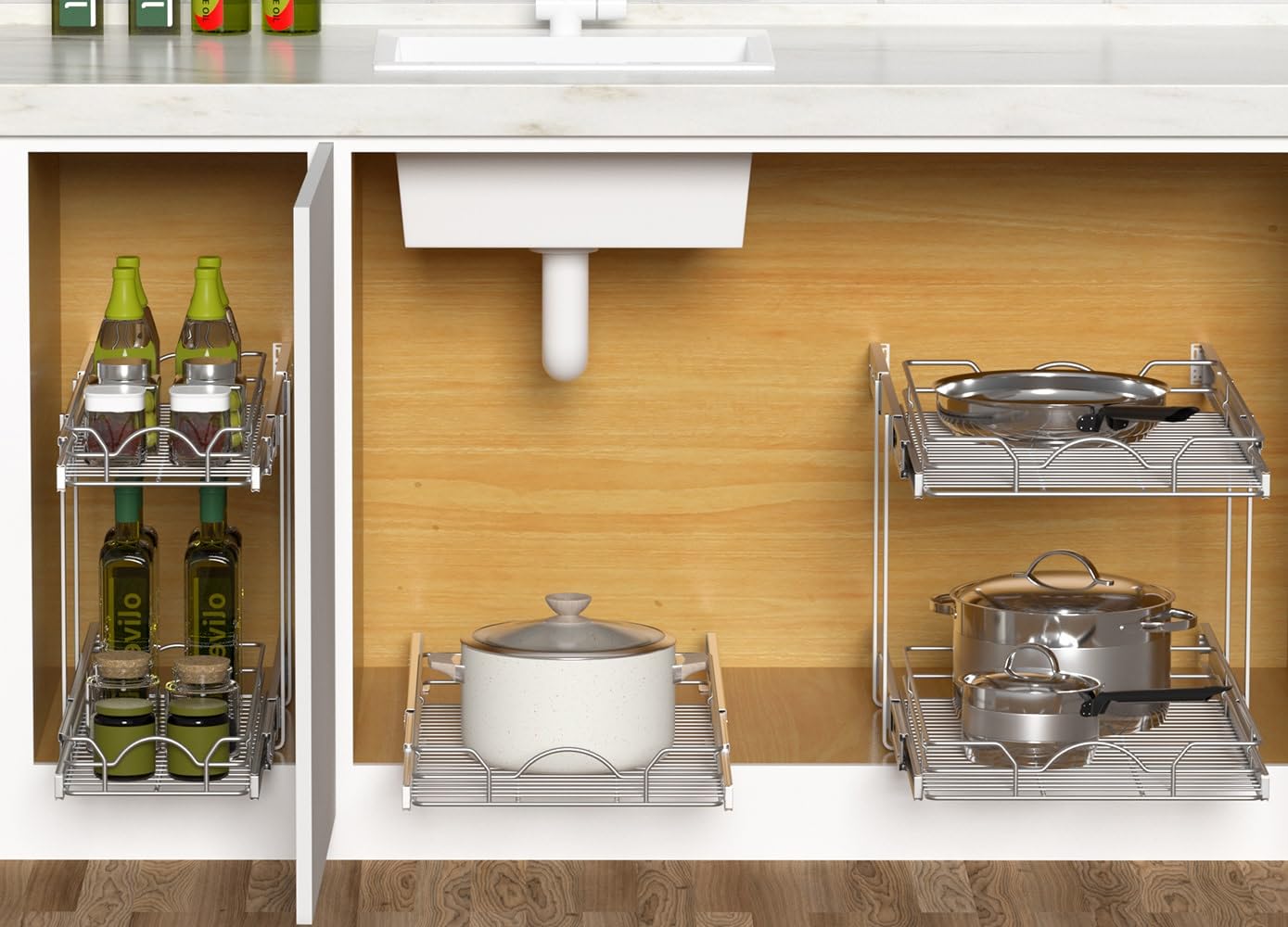 OCG Pull Out Cabinet Organizer 2 Pack (15" W x 21" D), Pull out Shelves 1 Tier, Cabinet Slide Out Shelves for Base Cabinet Organization in Kitchen Bathroom Pantry, Bottom Mount, Chrome Finish