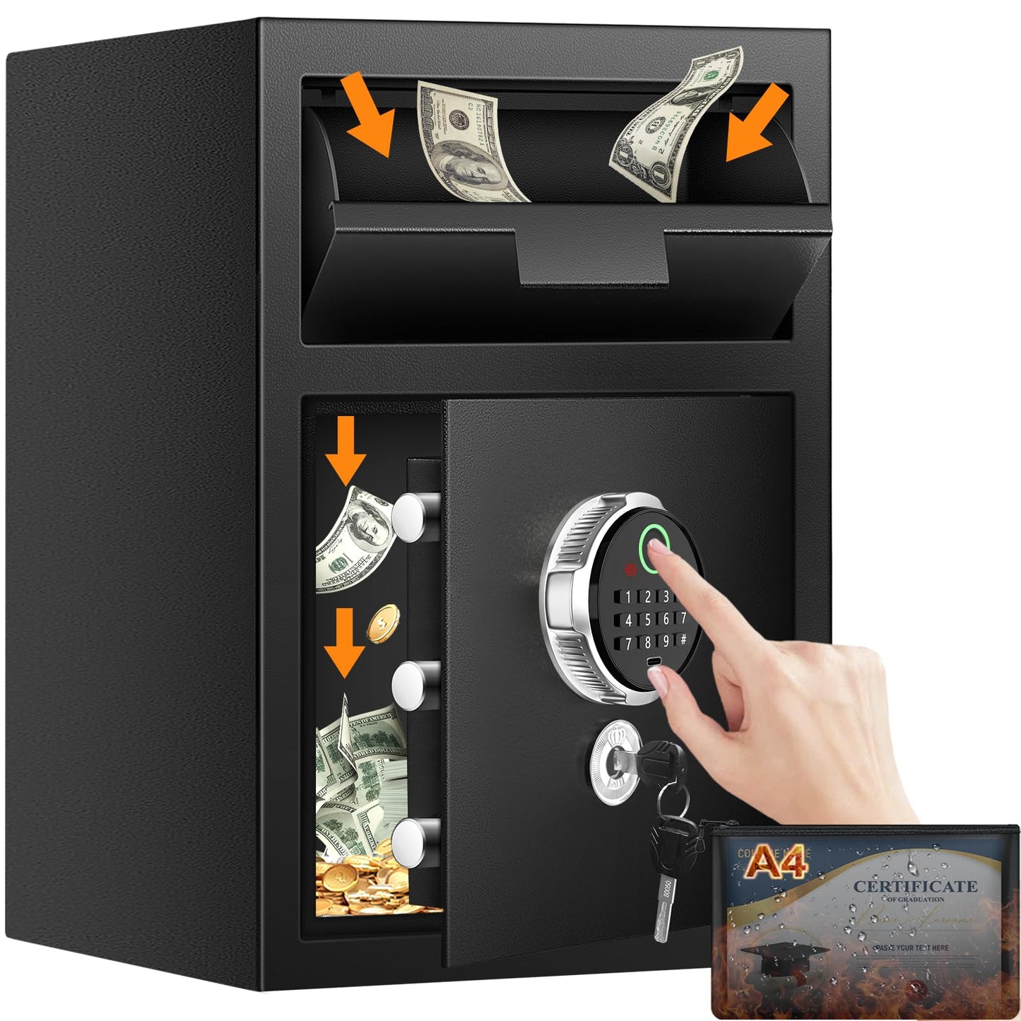 2.8 Cuft Biometric Drop Safe for Business, Anti-Theft Fingerprint Safe with Quick Place Drop Slot, Digital Keypad and Spare Key, Safe Box for Home Office Retail Store Business Mail Church