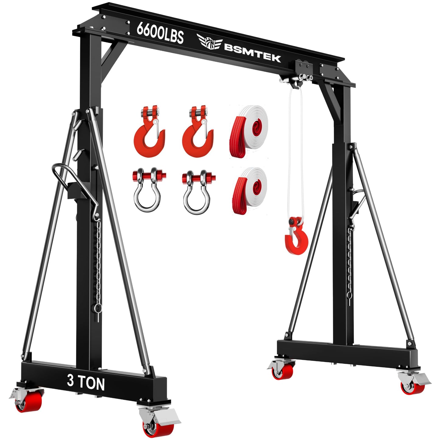 BSMTEK Gantry Crane 3 Ton MAX6600lbs, Adjustable Height (8.53-12.47 FT) & Width (9.06 FT, Available 8.53FT), Steel I-Beam Construction, Portable Shop Hoist for Factories, Warehouses