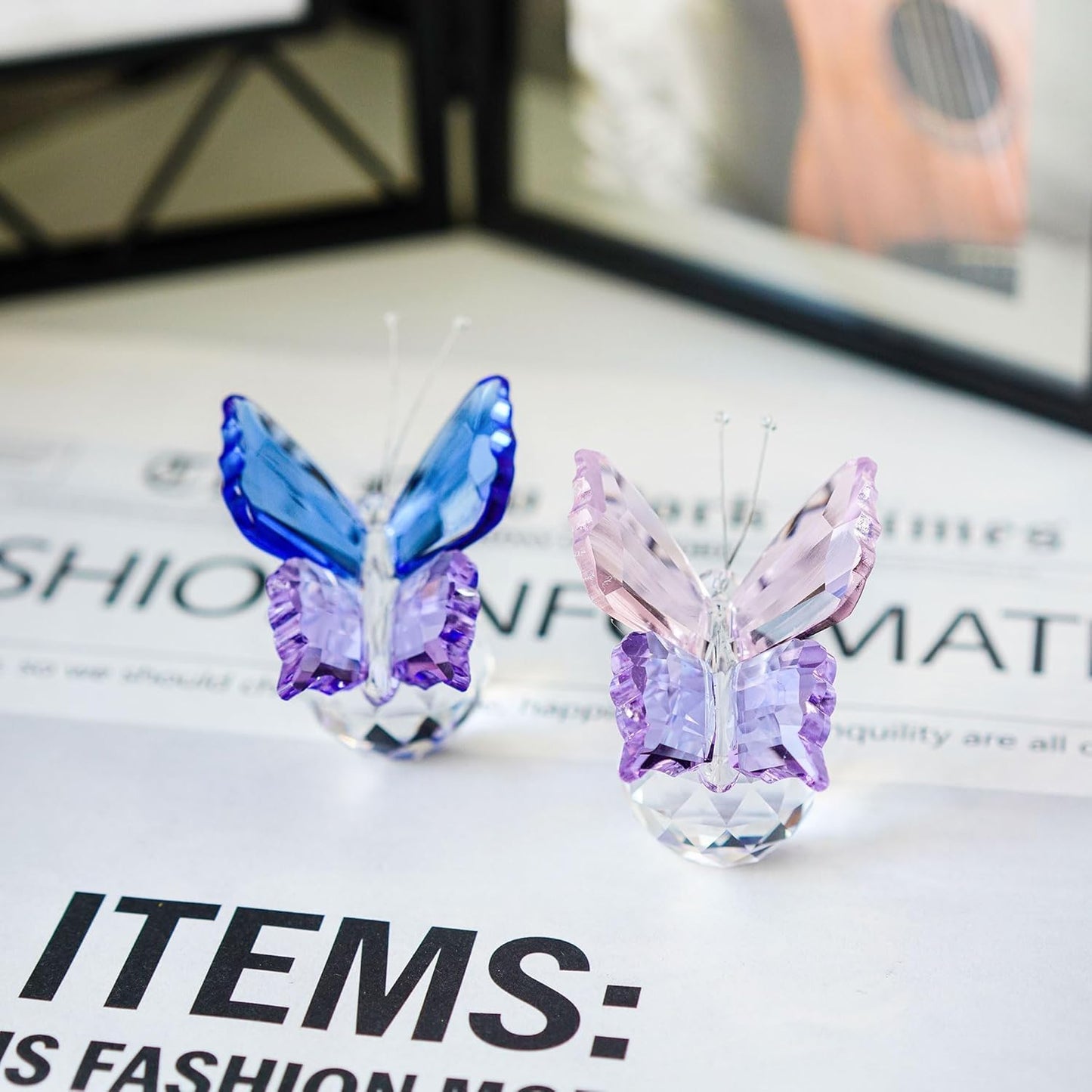 Skiennix Crystal Butterfly Figurines - Elegant Collectible Ornaments with Clear Ball Base | 2-Piece Set