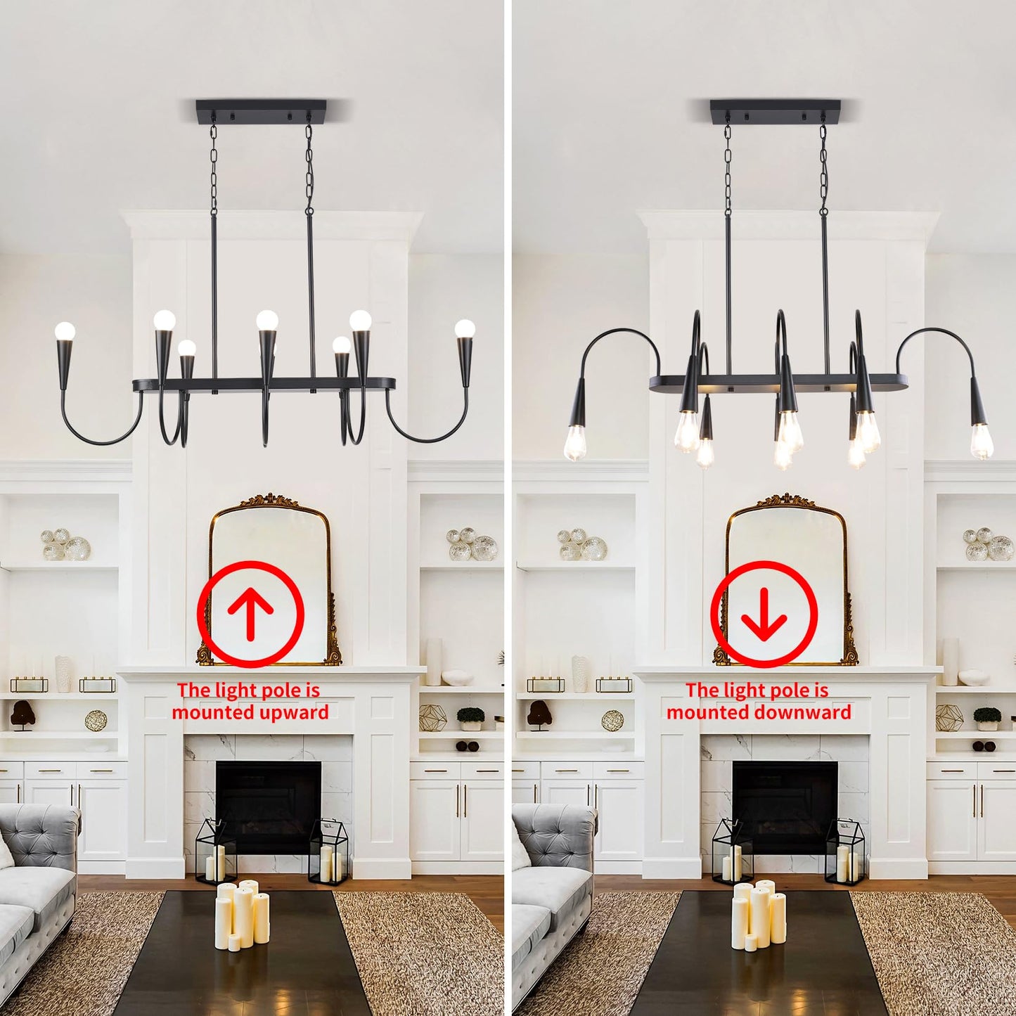 Fang Yan Mei 48 Inch Black Industrial Chandelier, 8-Light Linear Farmhouse Dining Room Ceiling Light for Kitchen Island, Adjustable Hanging Chain, E26 Bulb Base (Bulbs Not Included)