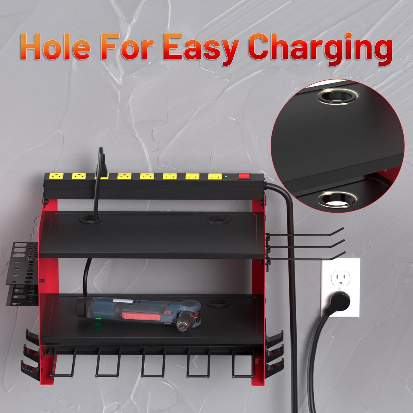 Power Tool Organizer by [Brand Name] - Wall Mount with Charging Station & 8 Outlet Power Strip | Heavy Duty 3-Layer Rack