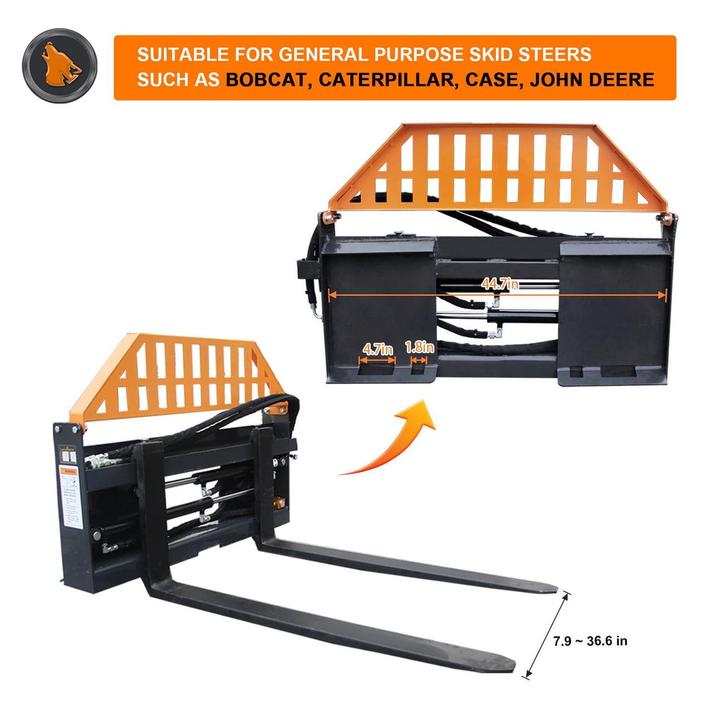 Hydraulic Heavy Adjustable Pallet Forks,Skid Steer Loader Pallet Forks, Load Capacity 4000 lbs, with 2 PCS Hydraulic cylinders, Freely Adjustable, Universal Skid Steer Bracket, Skid Steer Loader