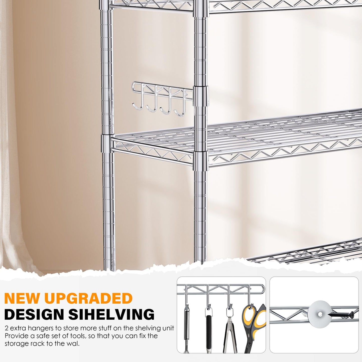 YNN Storage Shelves,1750Lbs 5 Tier Heavy Duty Metal Rolling Shelving Unit with Wheels & 8 Hooks, Adjustable Garage Wire Rack for Kitchen, Bathroom,Industrial,Pantry(36" W x 14" D x 72" H, Chrome)