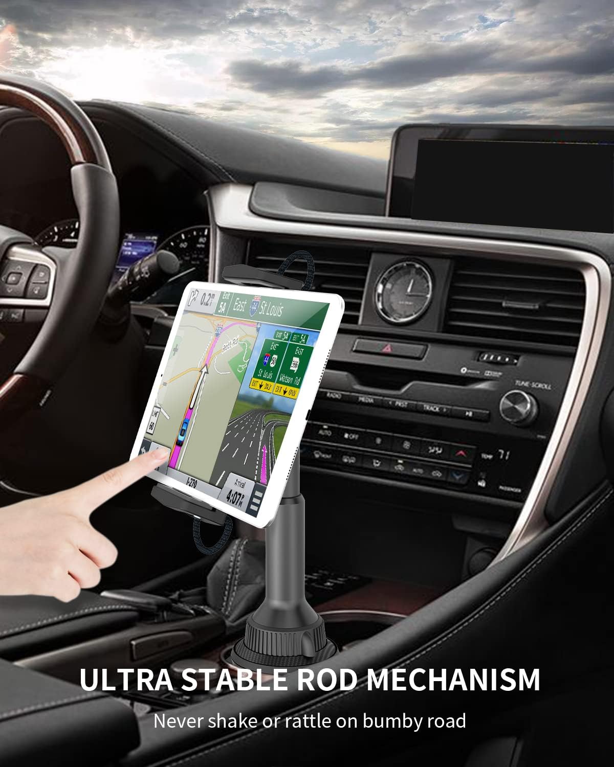APPS2Car 4.7-13" Solid Cup Holder Tablet Mount for Car, Adjustable Height iPad Car Mount for Truck Low Profile Road