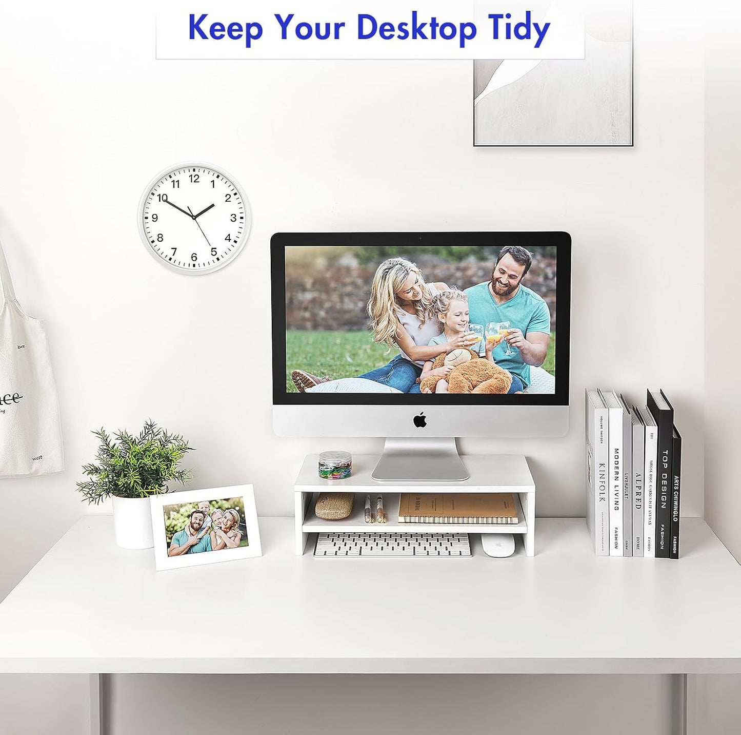 Desk,2 16.5 7.8 5.2 inch BEYGORM White Monitor Stand Riser for Tiers Wood Desk Shelf Computer Screen Stand with Storage