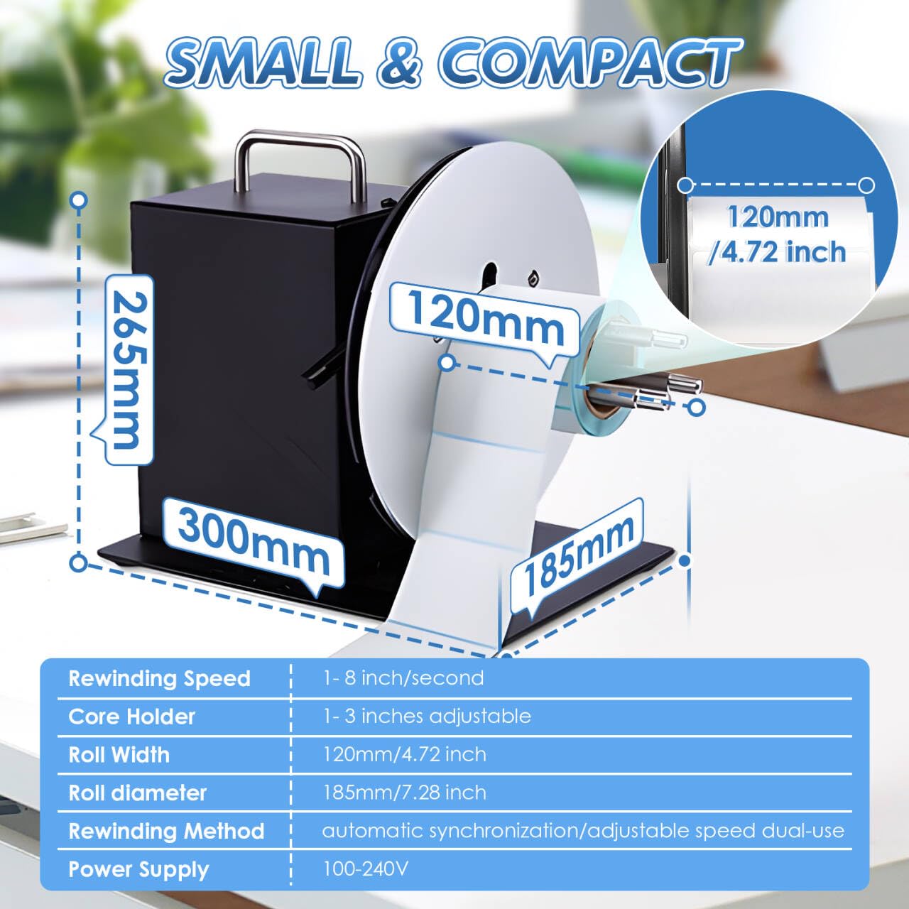 Frifreego Automatic Label Rewinder Speed-Adjustable Label Rewinding Machine, Synchronized with Printer, Adjustable Core Holder 1"- 3", Label Width 120mm/4.72 inch,Roll Diameter 185mm/7.28"