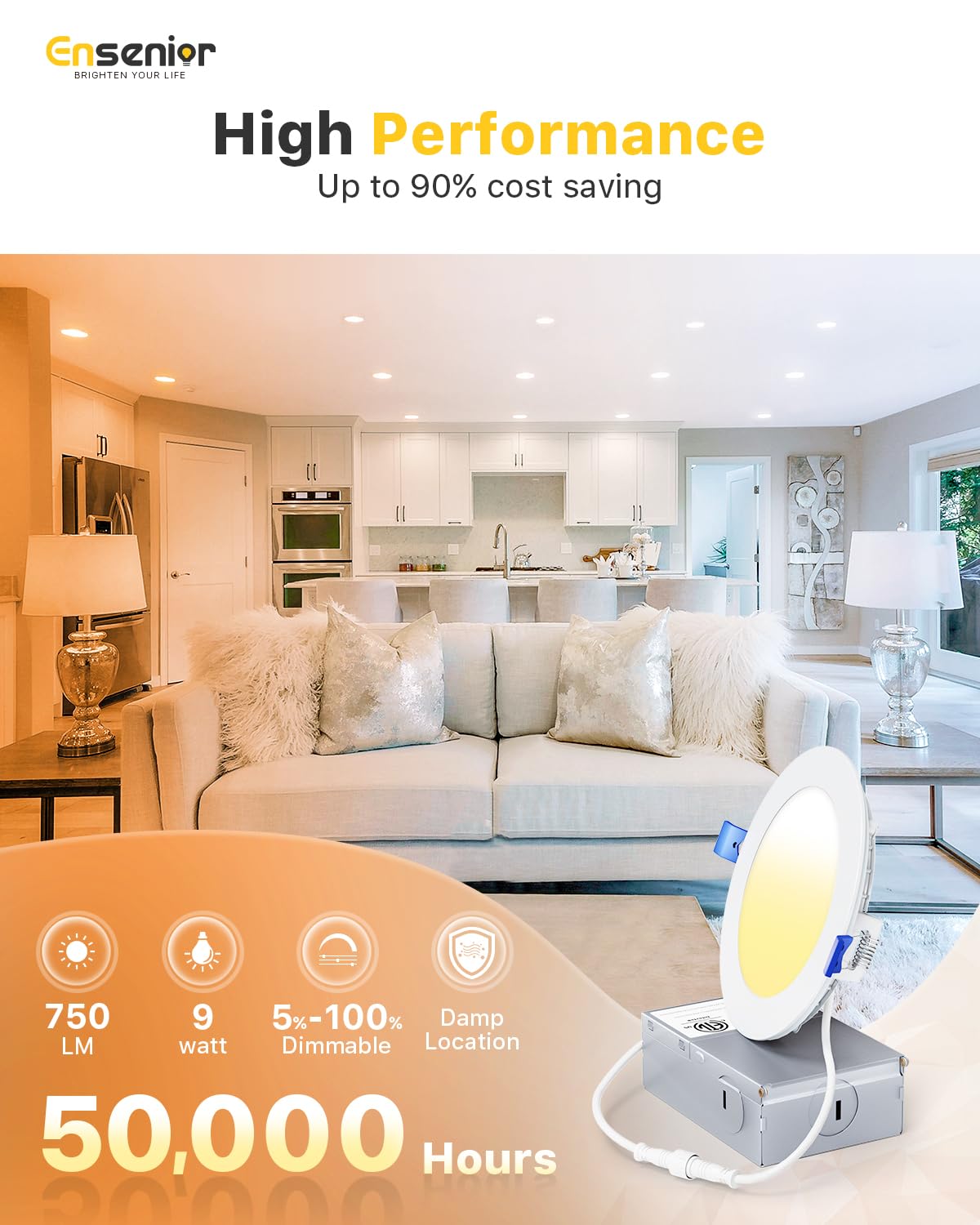 Ensenior 4 Inch Ultra-Thin LED Recessed Ceiling Light, 6000K Clear White, Dimmable, 9W, 750LM, with Junction Box