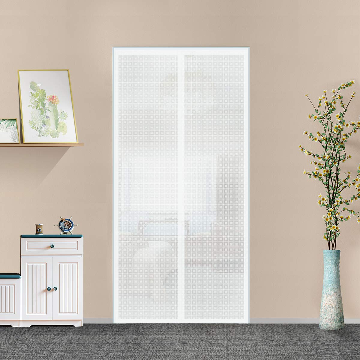 Insulated Door Curtain, Thermal Magnetic Self-Sealing Door Screen Winter Stop Draft Keep Cold Out Cover for Kitchen, Bedroom, Air Conditioner Room,Hands Free, Fits Doors up to 36" x 82", White