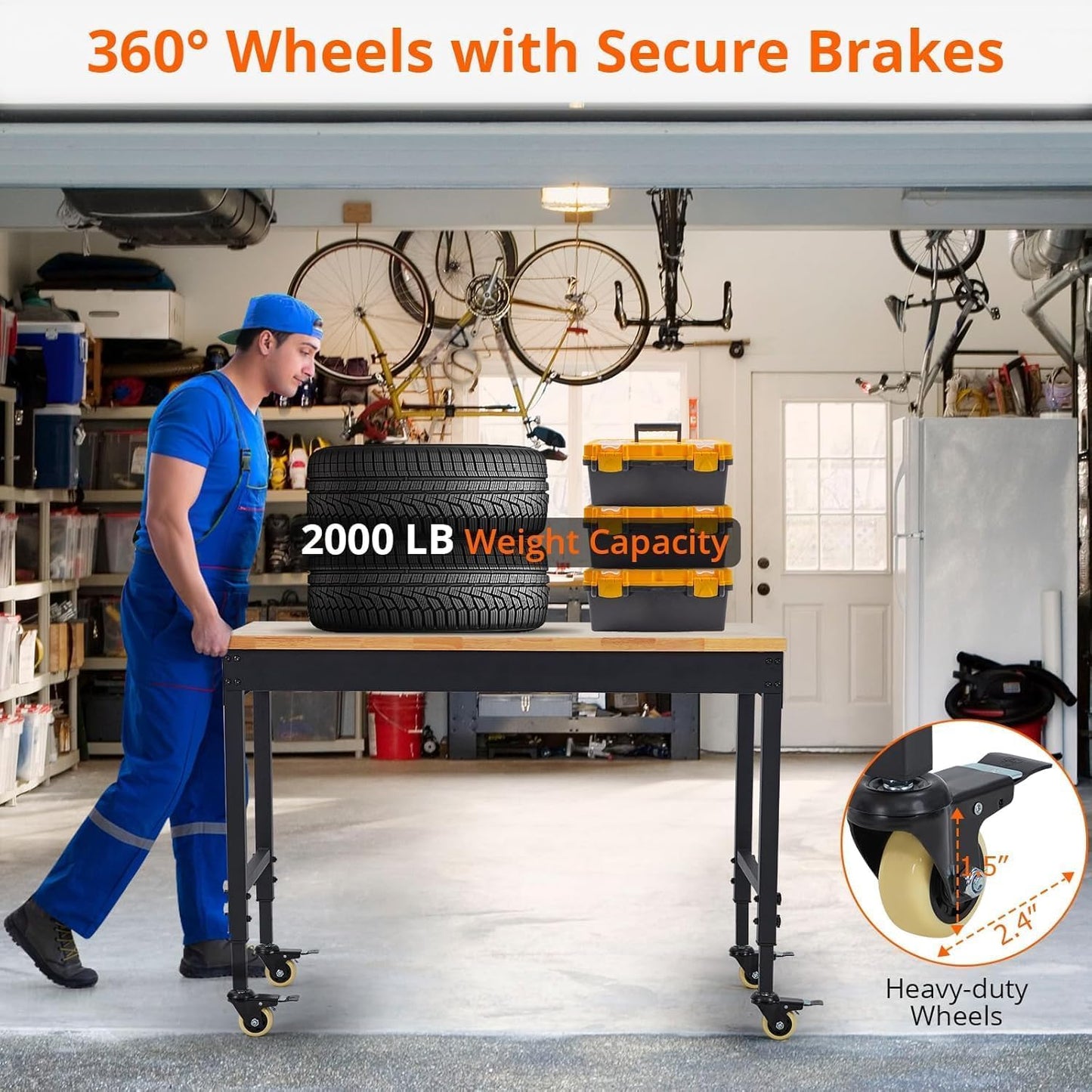 60" Adjustable Garage Workbench with Wheels, 2000LB Capacity, Hardwood Top, Power Outlets, Heavy Duty Work Table for Workshop, Home Office, Tools