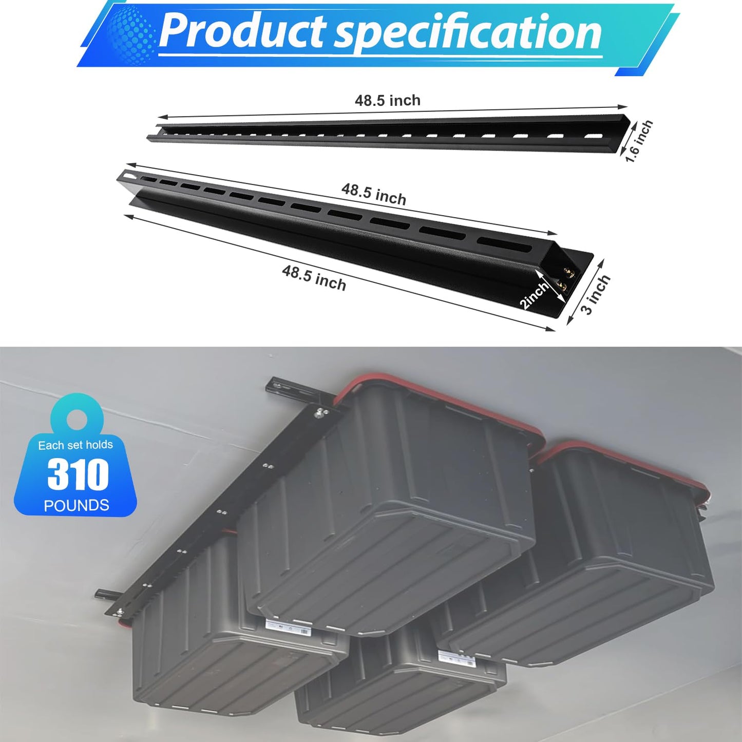 LMYYGOO Overhead Garage Storage Racks, Adjustable Ceiling Tote Storage Rails, Heavy Duty Garage Organizer Hanging Storage Rack for Most Storage Bins/Totes, 48" x 48"