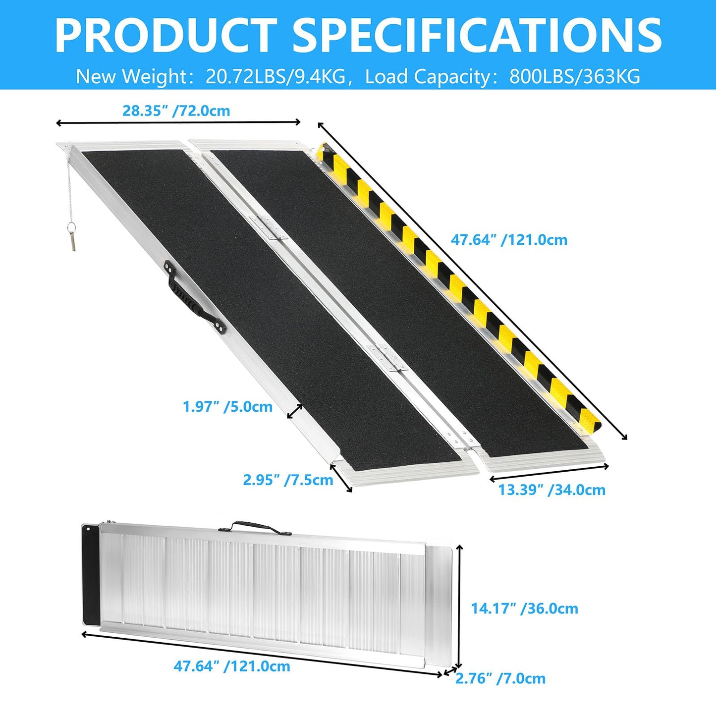 4FT Portable Wheelchair Ramp, Non-Slip Aluminum Folding Handicap Ramp, 800 LBS Capacity Door Threshold Ramps for Home Steps, Scooter Ramps for Car, Doorways, Curbs, Stairs, Cart, Wheel Chair Ramp Step