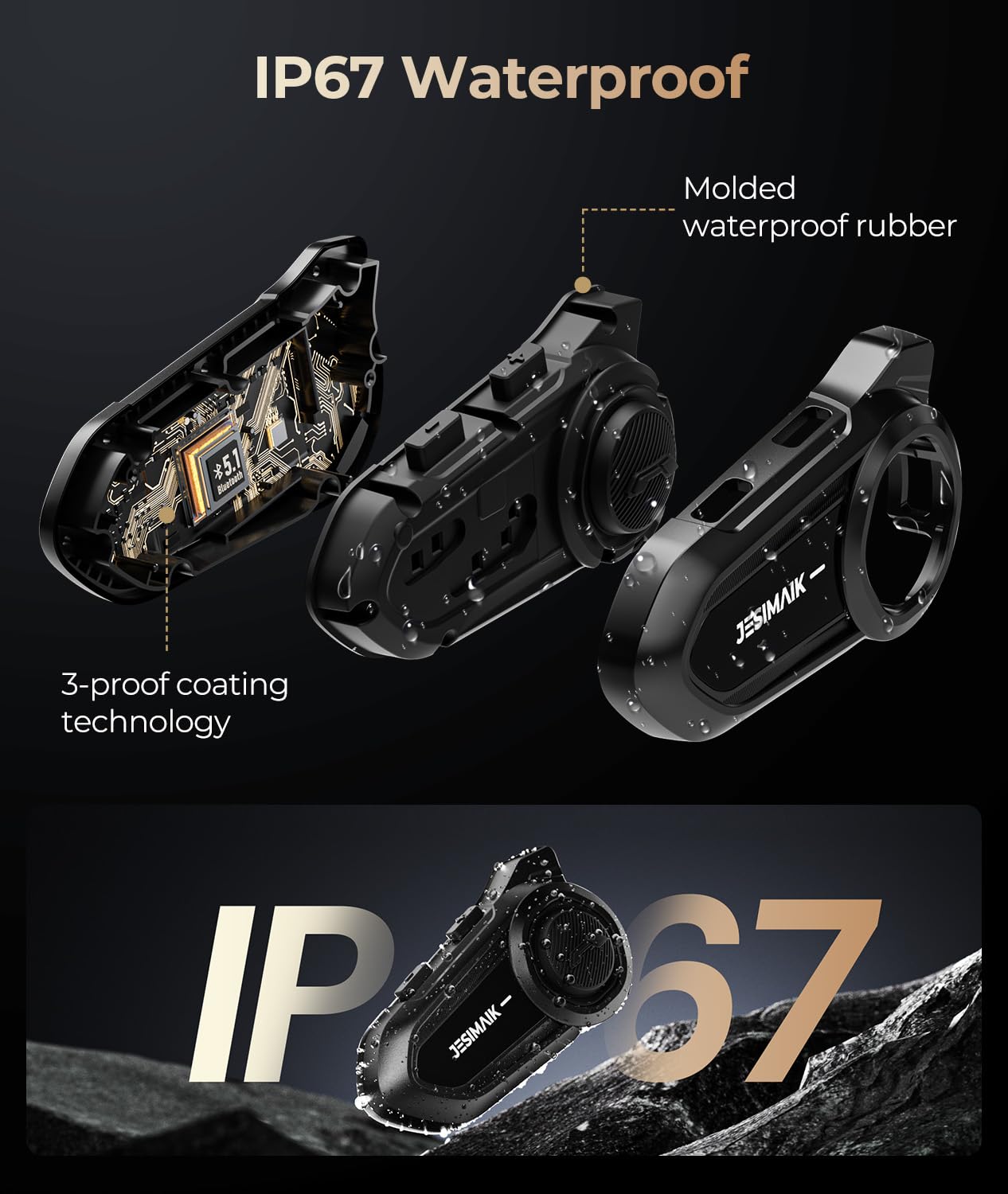 JESIMAIK Motorcycle Bluetooth Headset,2 Way Helmet Intercom Communication System, CVC8.0 Noise Cancellation Motorcycle Intercom with 2 Mics&40mm Speaker,Music Sharing, IP67 Waterproof, FM Radio(2Pack)